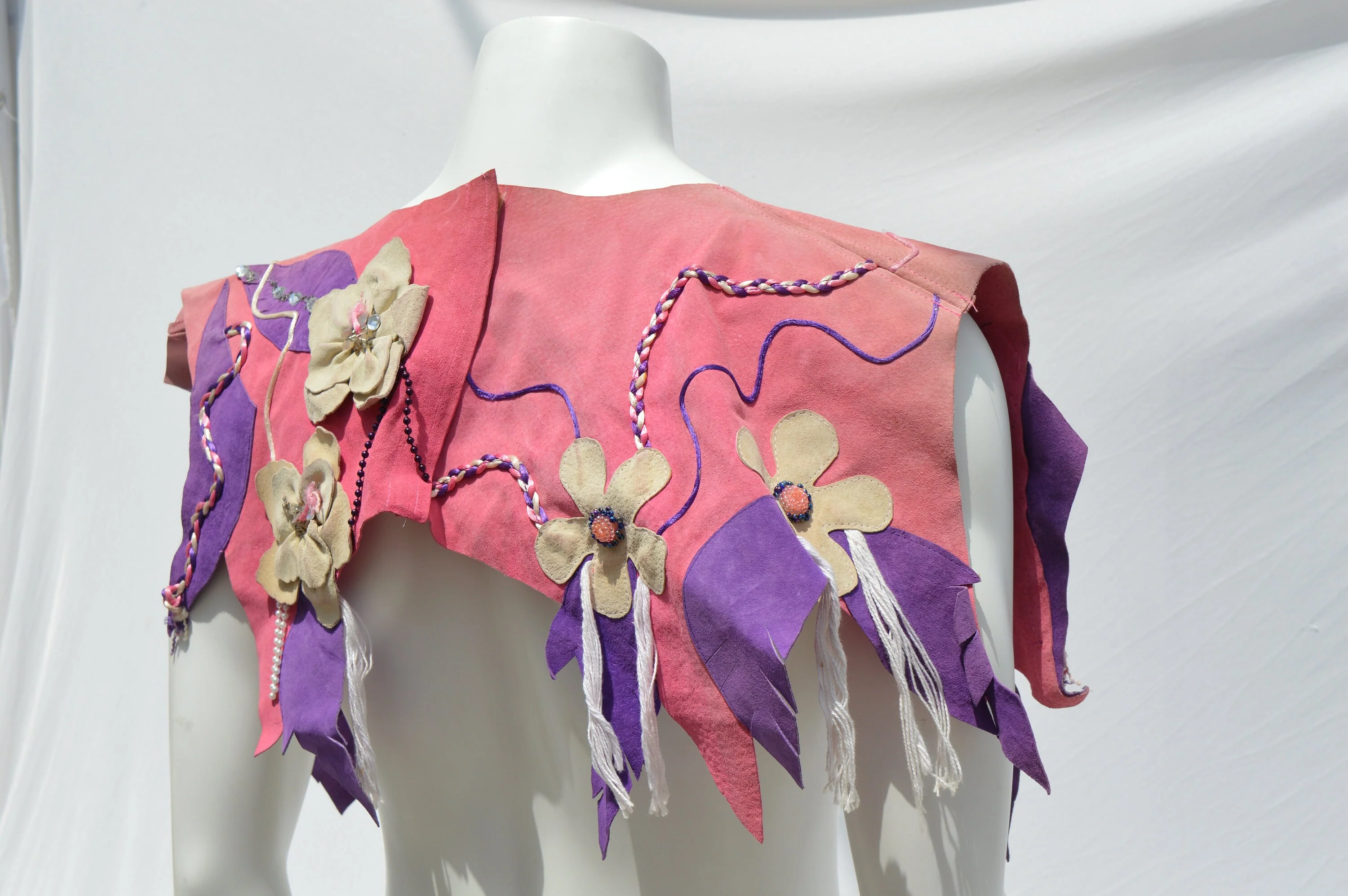 Vintage Handmade Unisex Leather Cape Shoulder Wrap Pink Leather with Floral Applique Rhinestones and Braided Ribbon Art To Wear Folk Art - Image 8