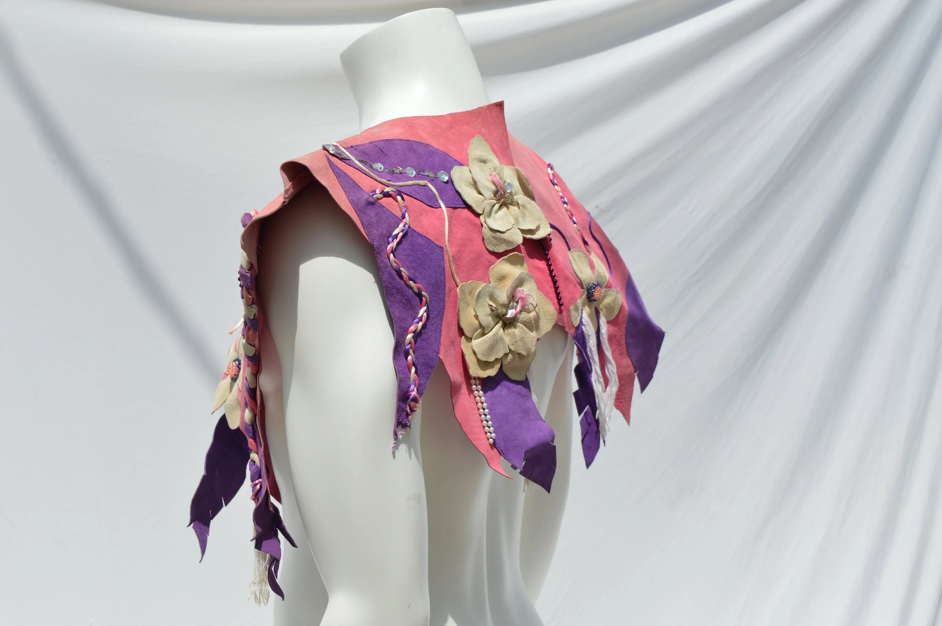 Vintage Handmade Unisex Leather Cape Shoulder Wrap Pink Leather with Floral Applique Rhinestones and Braided Ribbon Art To Wear Folk Art - Image 9