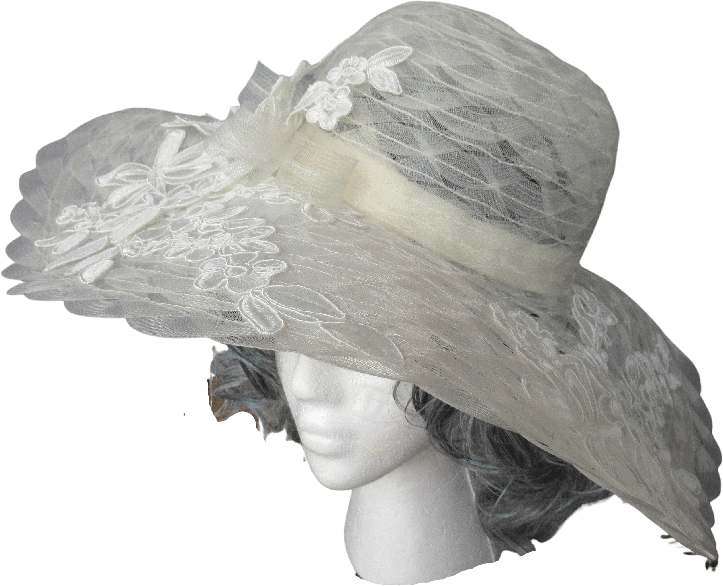 Vintage Hat Spectacular 6 Inch Wide Brim White Lace, Ribbon and Floral Trim, Made In Italy, Wedding Wear Or Derby Hat Perfect by Daniele Meucci
