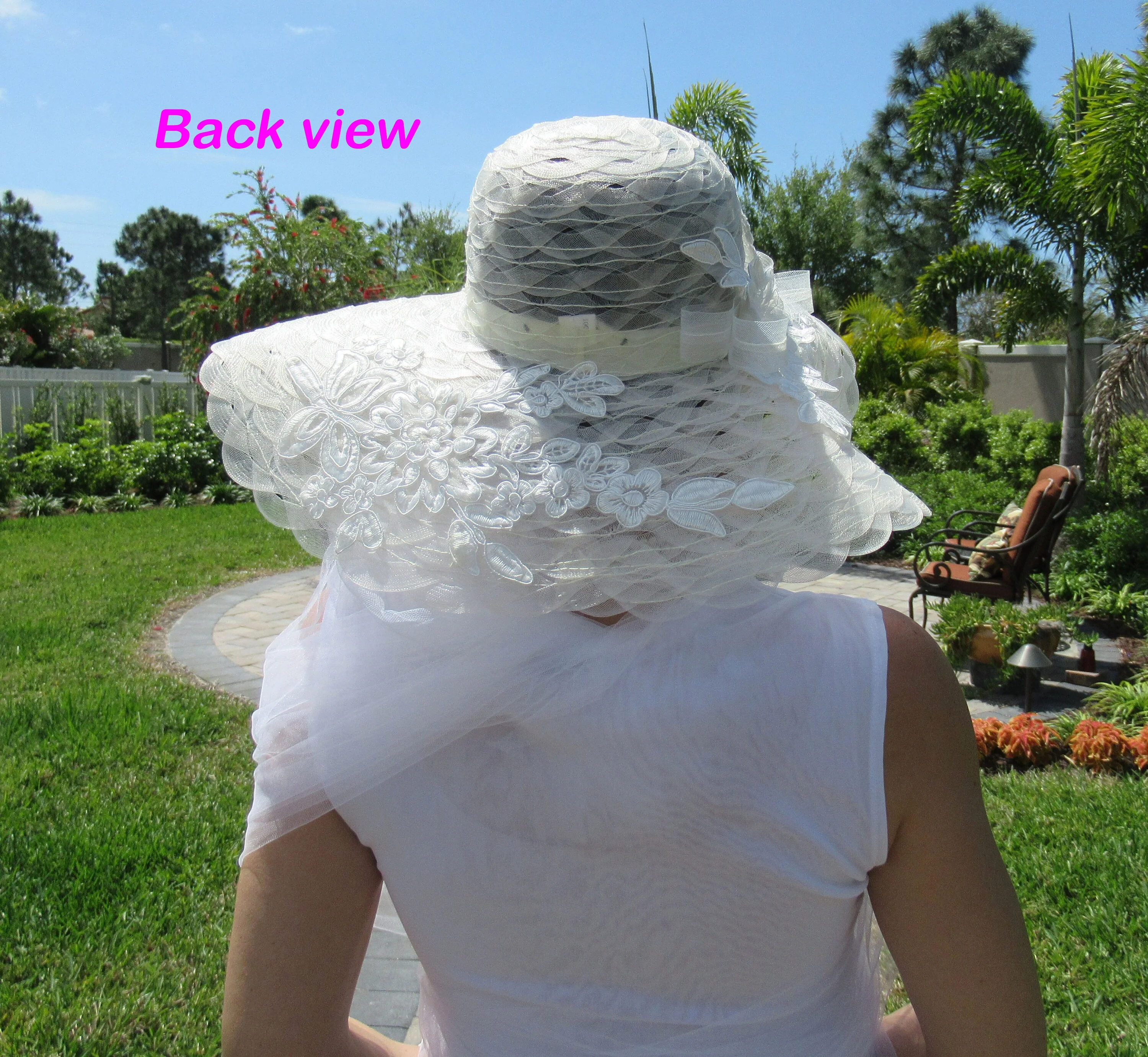 Vintage Hat Spectacular 6 Inch Wide Brim White Lace, Ribbon and Floral Trim, Made In Italy, Wedding Wear Or Derby Hat Perfect by Daniele Meucci - Image 10