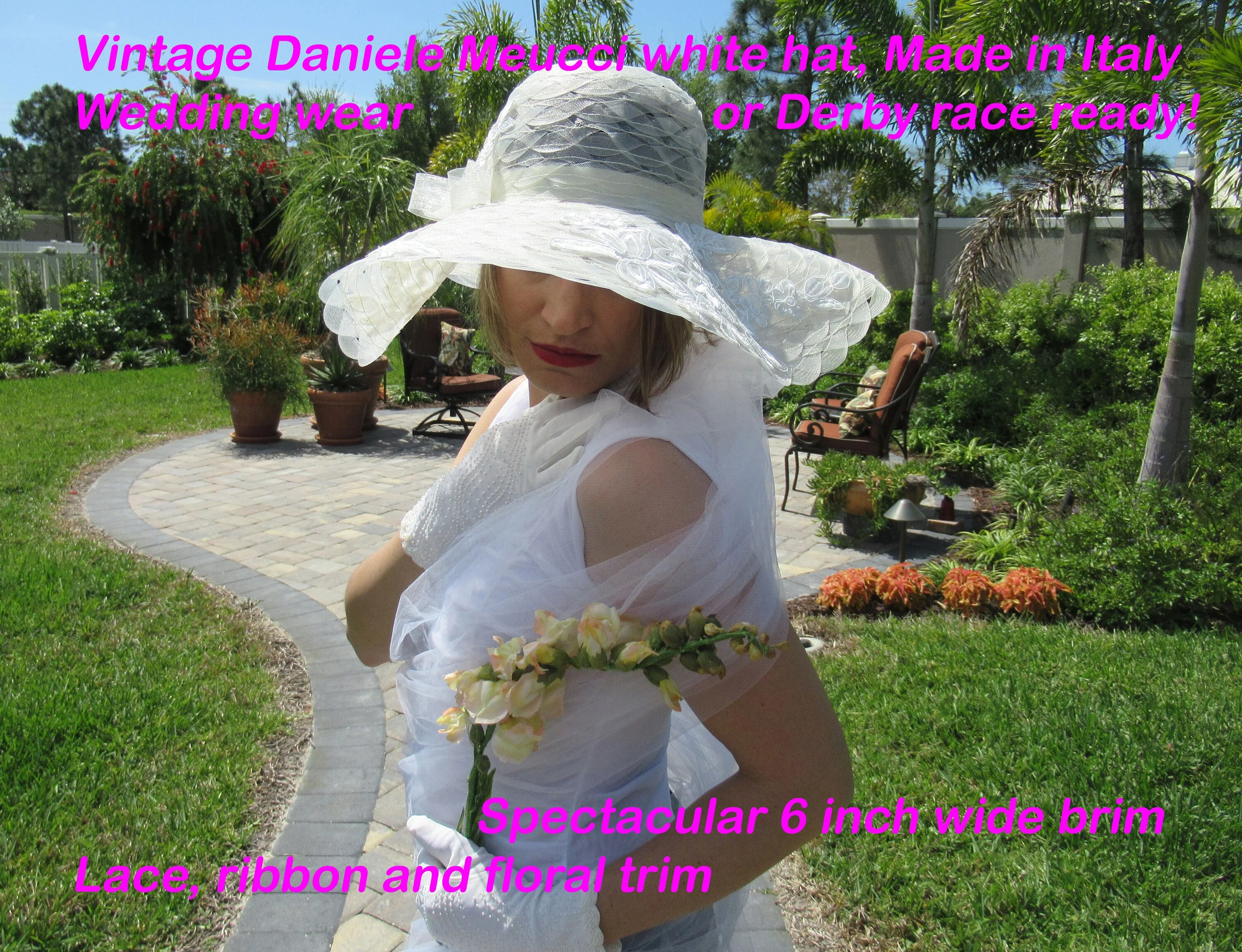 Vintage Hat Spectacular 6 Inch Wide Brim White Lace, Ribbon and Floral Trim, Made In Italy, Wedding Wear Or Derby Hat Perfect by Daniele Meucci - Image 3