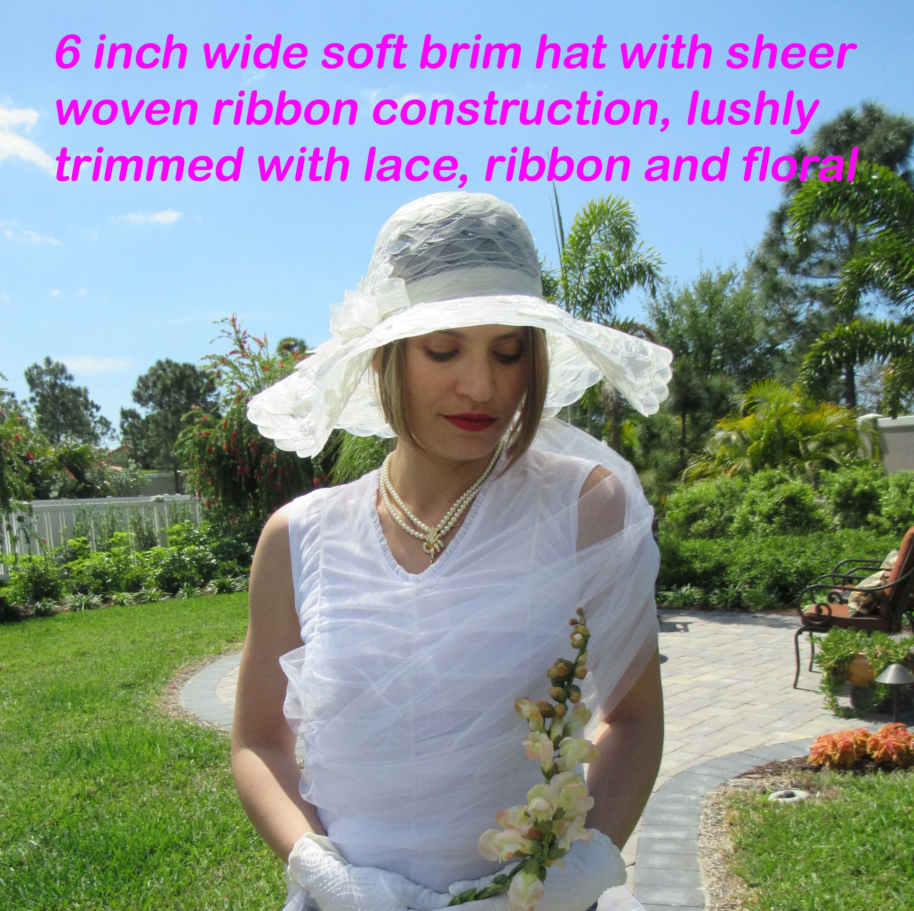 Vintage Hat Spectacular 6 Inch Wide Brim White Lace, Ribbon and Floral Trim, Made In Italy, Wedding Wear Or Derby Hat Perfect by Daniele Meucci - Image 4