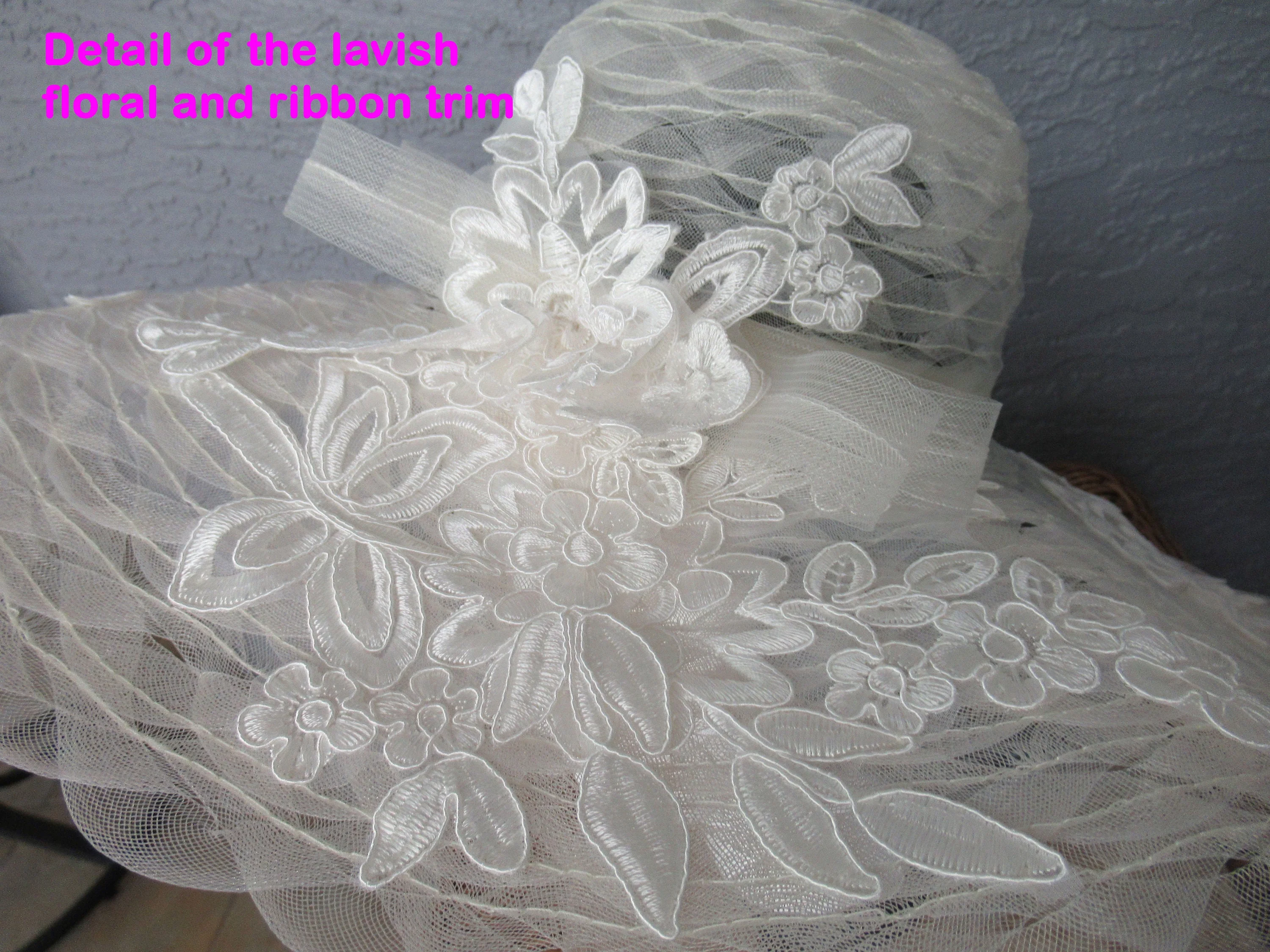 Vintage Hat Spectacular 6 Inch Wide Brim White Lace, Ribbon and Floral Trim, Made In Italy, Wedding Wear Or Derby Hat Perfect by Daniele Meucci - Image 9