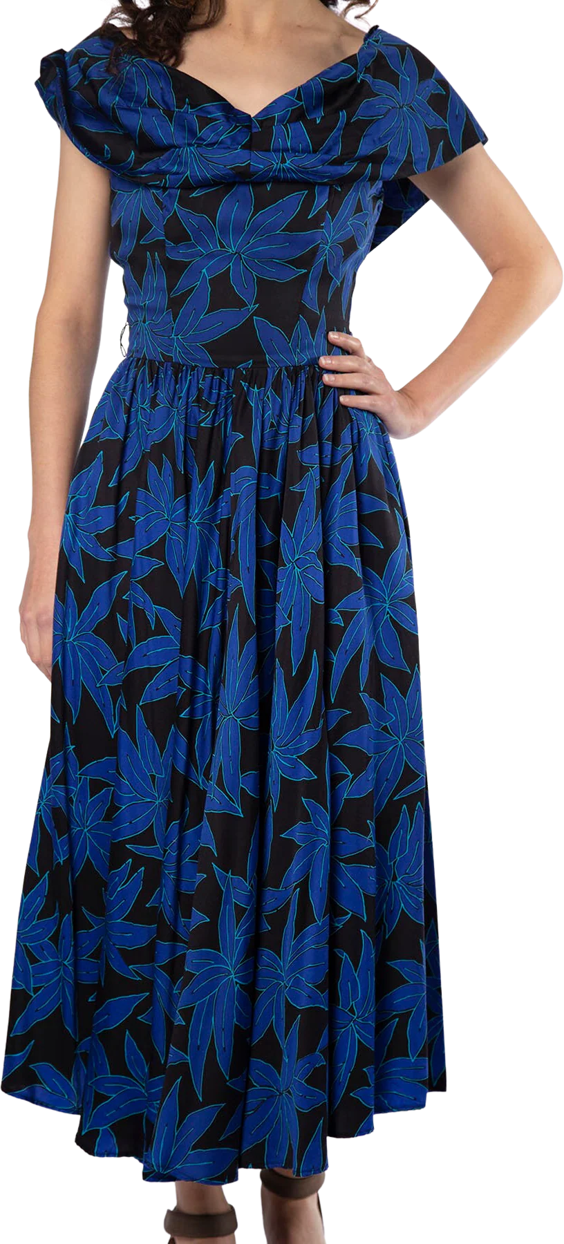Vintage Hawaiian Style Dress - 80s Dark Blue and Black Tropical Leaf Floral Print Summer Dress - Long Maxi Skirt - Off The Shoulder Small by On The Rocks, California