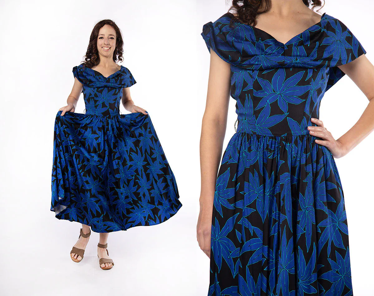 Vintage Hawaiian Style Dress - 80s Dark Blue and Black Tropical Leaf Floral Print Summer Dress - Long Maxi Skirt - Off The Shoulder Small by On The Rocks, California - Image 4