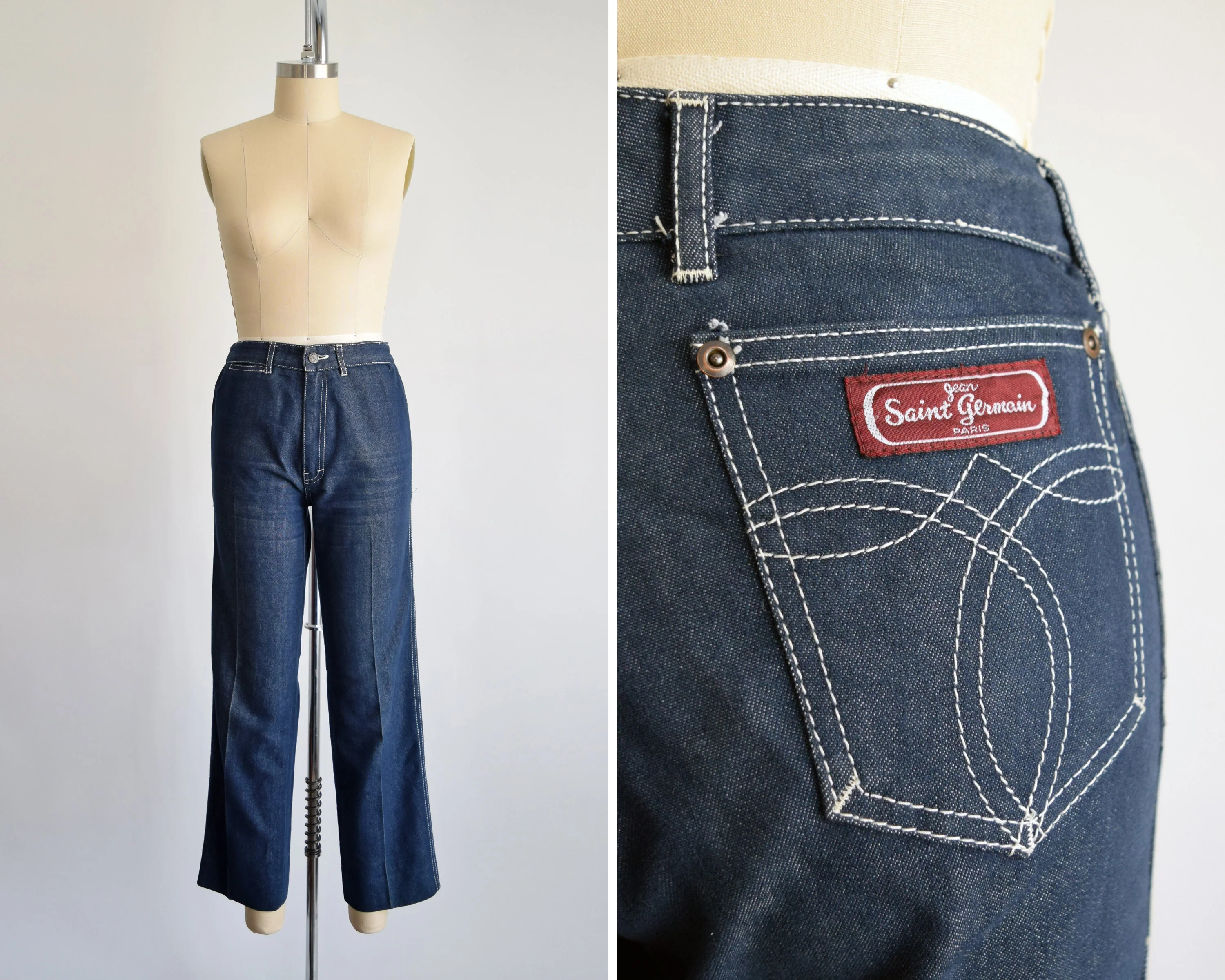 Vintage High Rise Jeans 70s 80s Dark Blue Wash Denim Pants, 30" Waist, Medium Large by Jean St. Germain Paris - Image 2