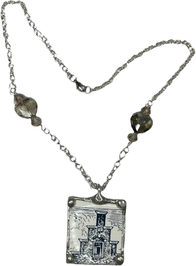 Vintage Holland Tile Repurposed Pendant Necklace Handcrafted Multifaceted Beads