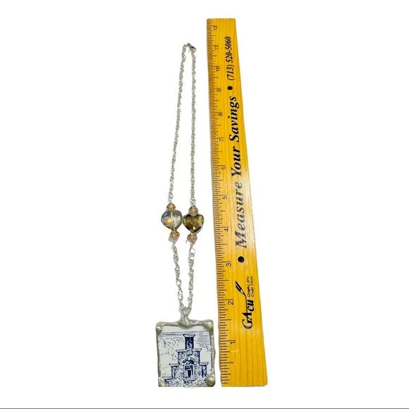 Vintage Holland Tile Repurposed Pendant Necklace Handcrafted Multifaceted Beads - Image 11