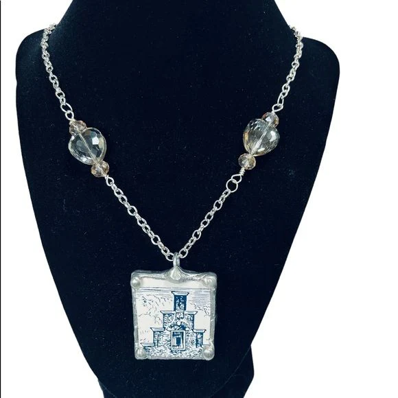 Vintage Holland Tile Repurposed Pendant Necklace Handcrafted Multifaceted Beads - Image 2