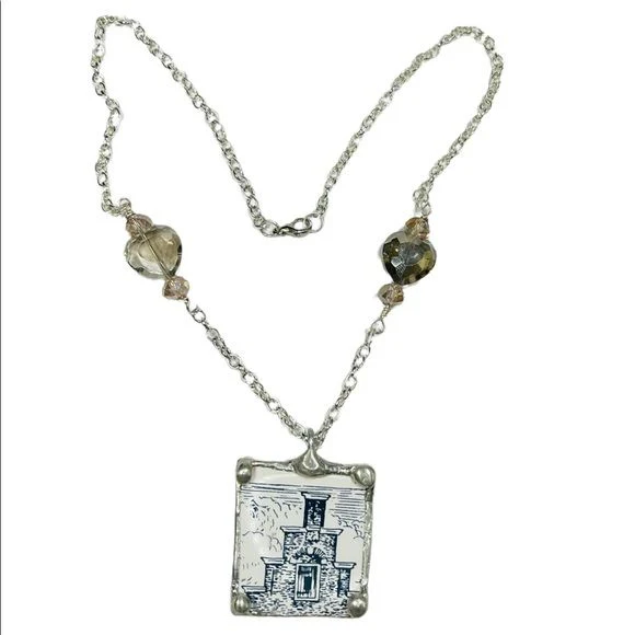 Vintage Holland Tile Repurposed Pendant Necklace Handcrafted Multifaceted Beads - Image 3