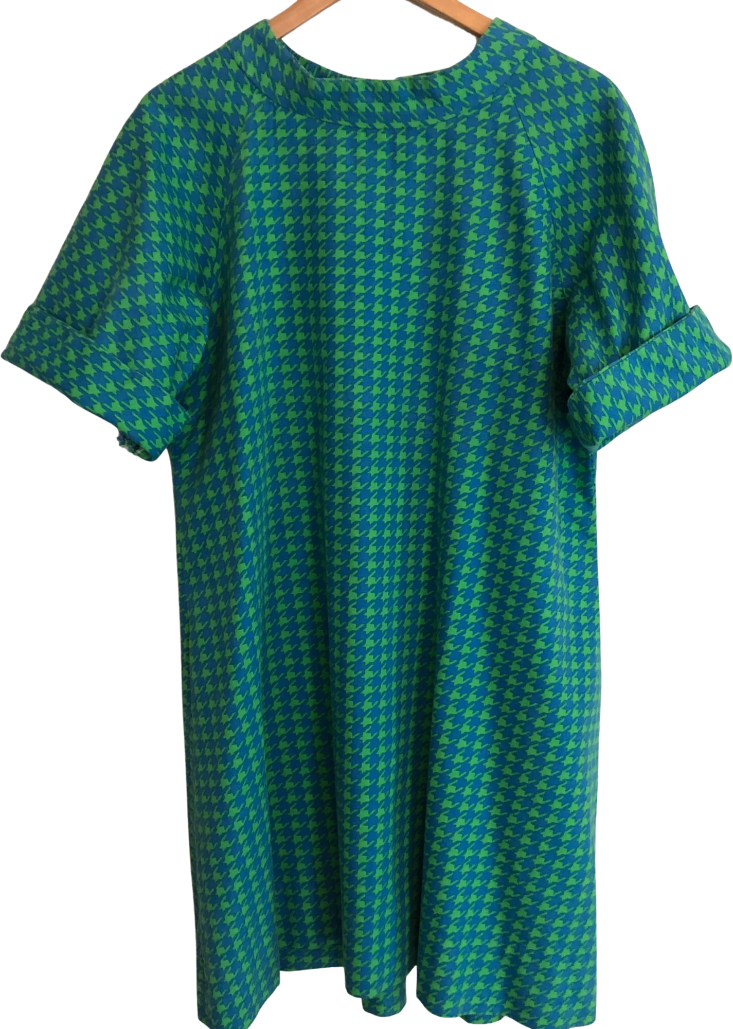 Vintage Houndstooth Mod Shift Dress Mcm Twill Homemade Womens Large Blue Green
