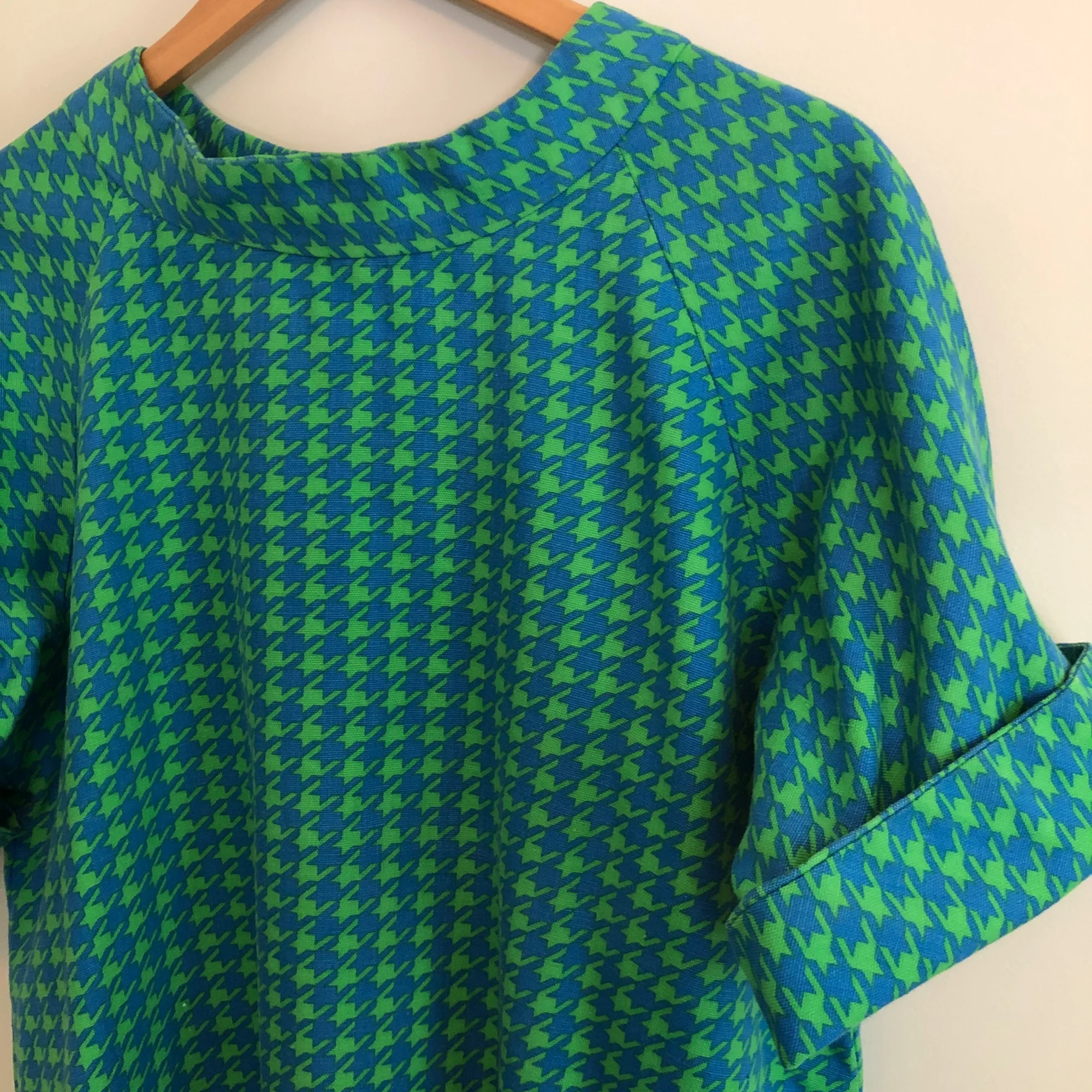 Vintage Houndstooth Mod Shift Dress Mcm Twill Homemade Womens Large Blue Green - Image 5