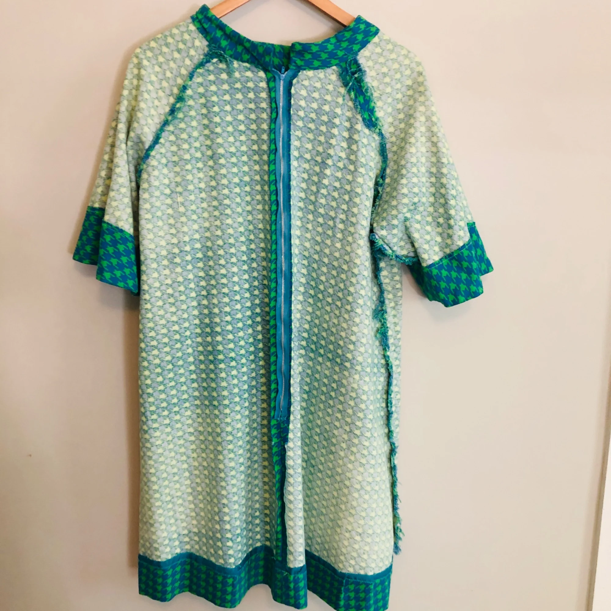 Vintage Houndstooth Mod Shift Dress Mcm Twill Homemade Womens Large Blue Green - Image 7