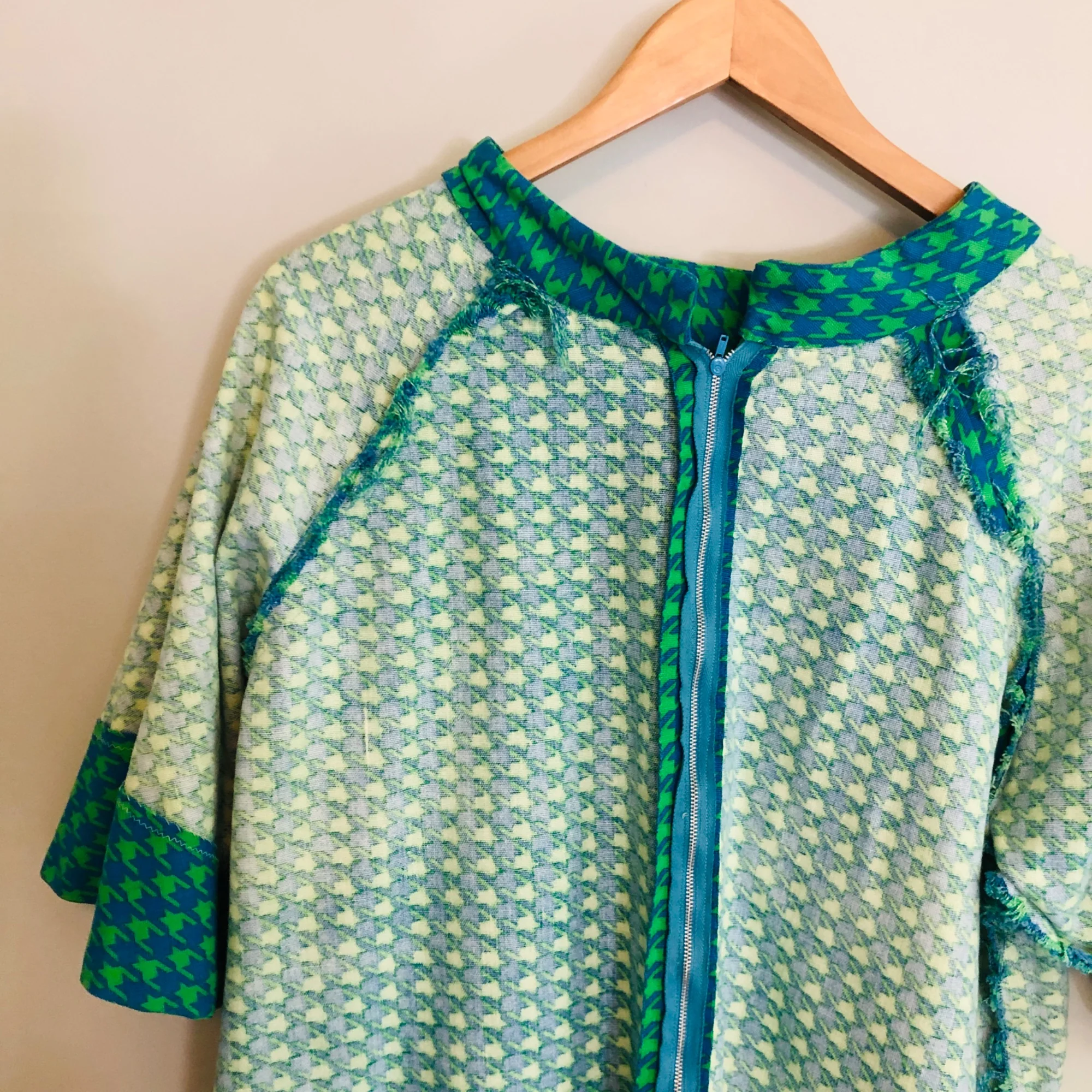 Vintage Houndstooth Mod Shift Dress Mcm Twill Homemade Womens Large Blue Green - Image 8