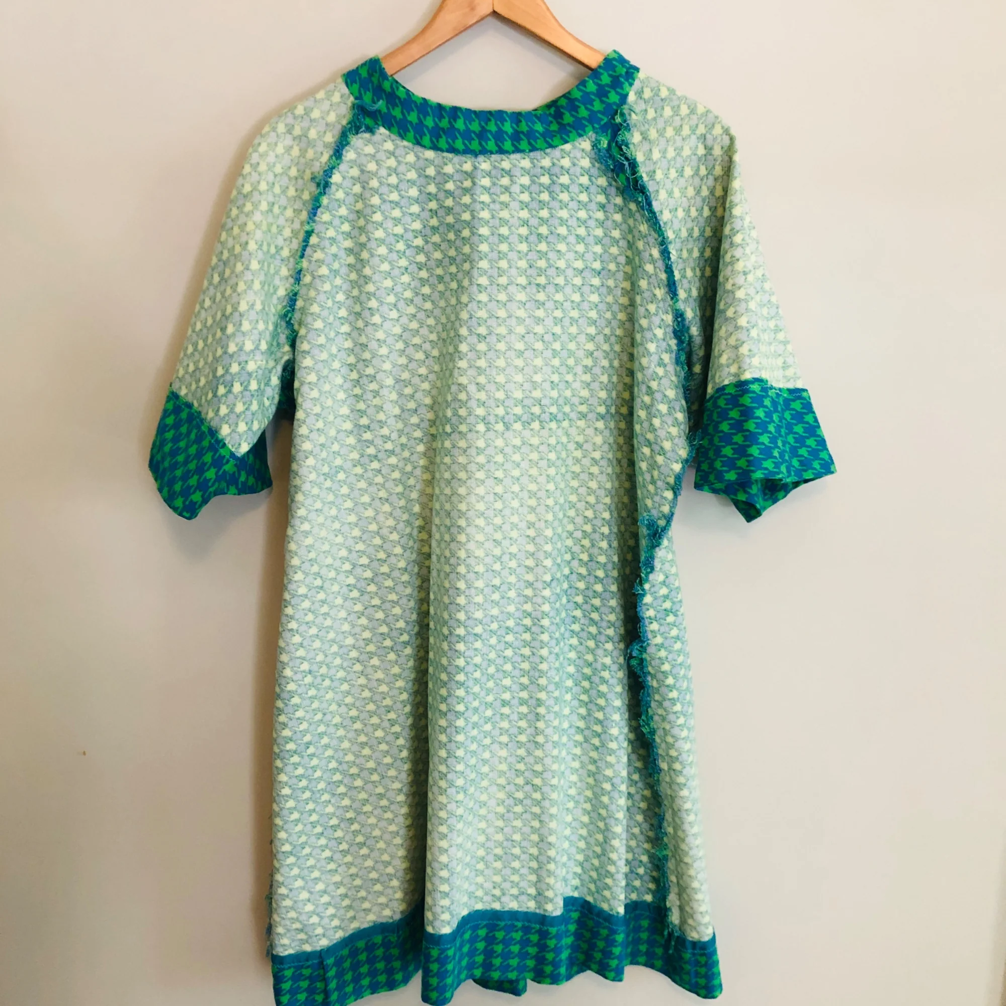 Vintage Houndstooth Mod Shift Dress Mcm Twill Homemade Womens Large Blue Green - Image 9