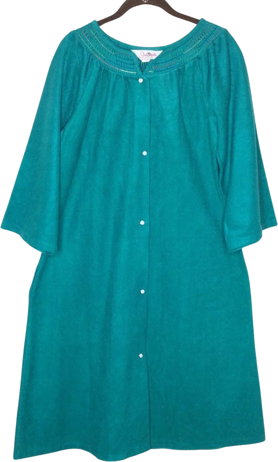 Vintage Housecoat Duster Pearl Snap Rainbow Thread Trim Collar Pocket 80s Granny
