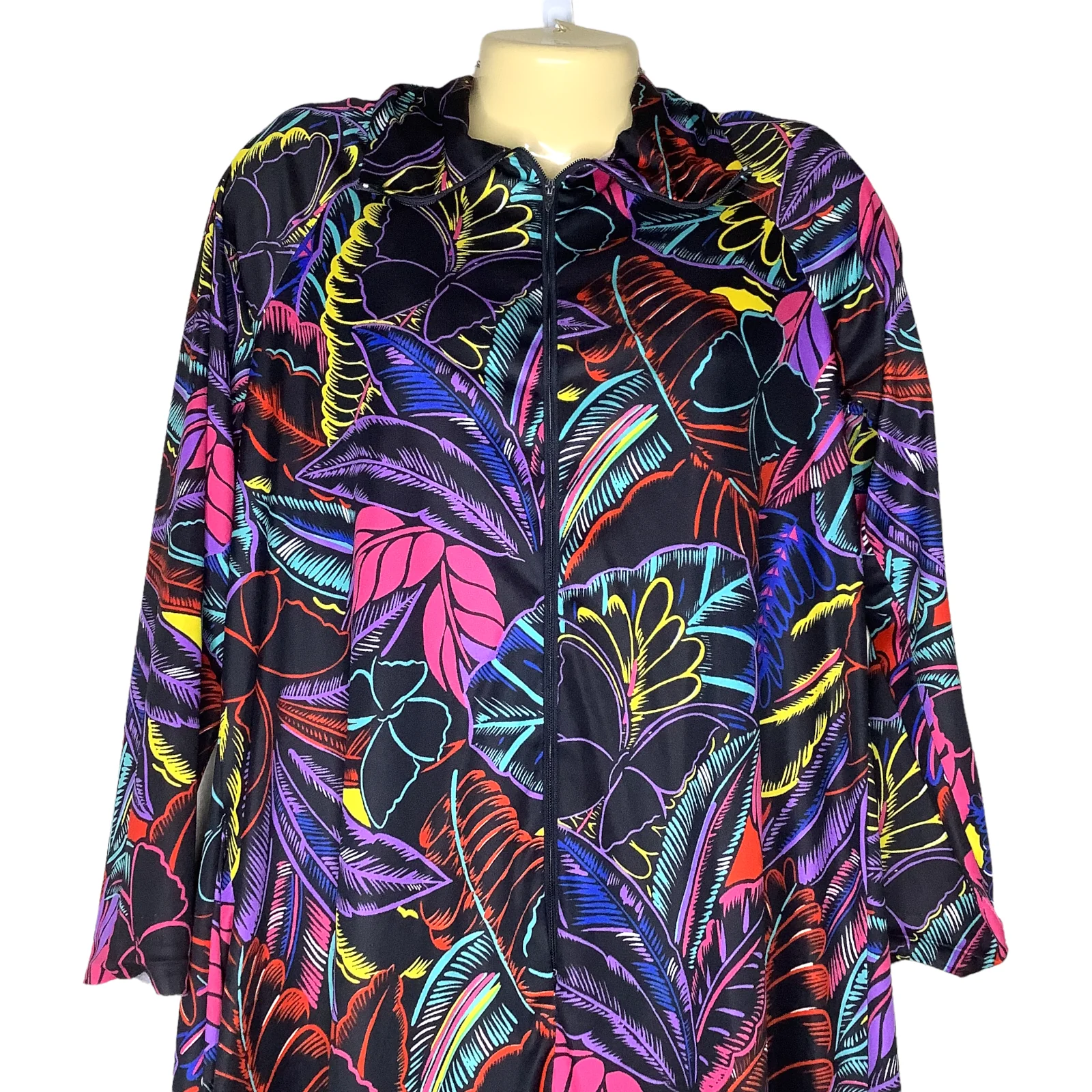 Vintage Housedress 70s Bright Abstract Floral Hawaiian Muumuu Nightgown 1/2 Zip - Image 5