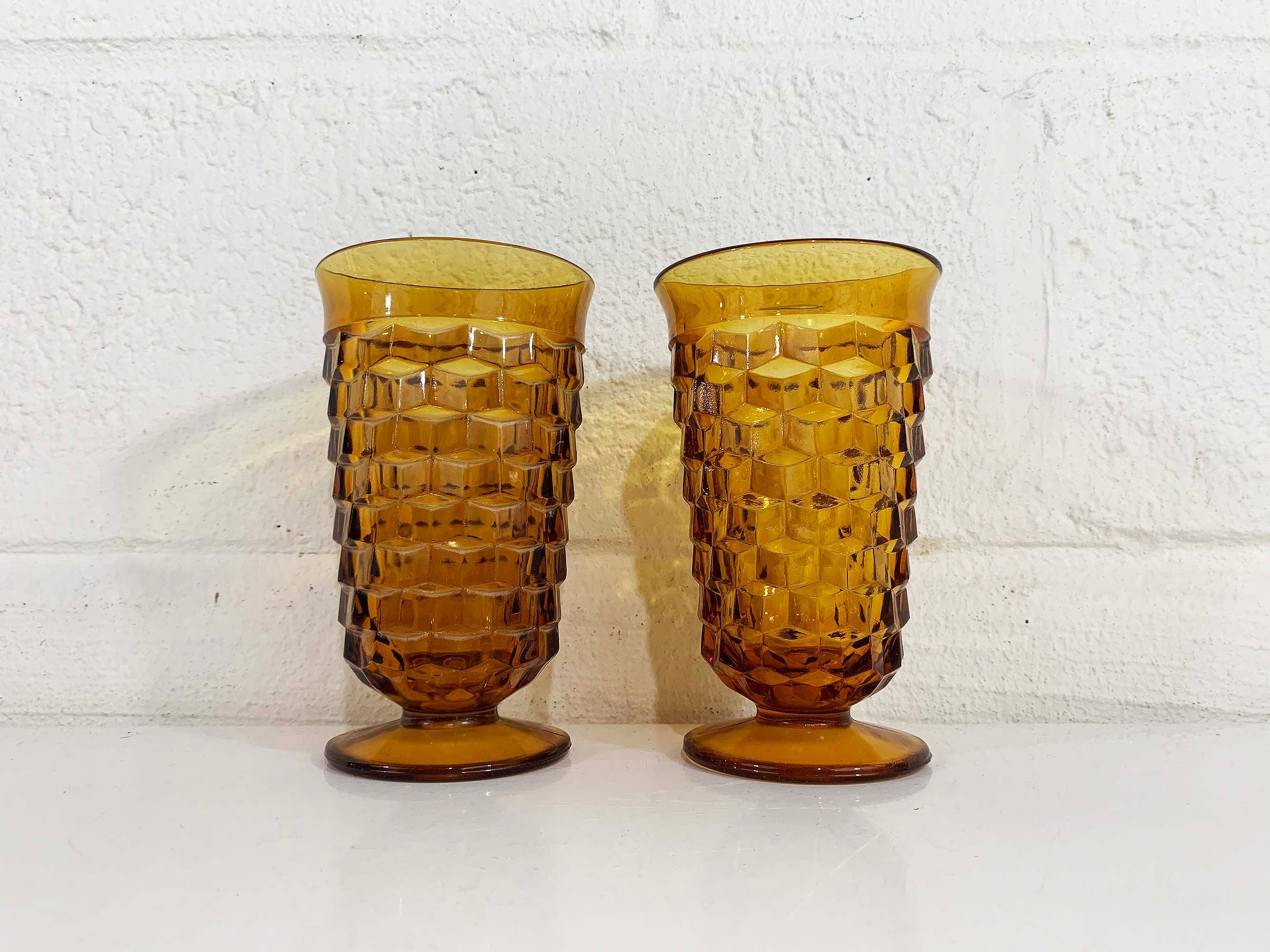 Vintage Iced Tea Glasses Set of 2 Indiana Glass Whitehall Pattern Amber Yellow Orange Highball Wine Goblet Water 60s - Image 3