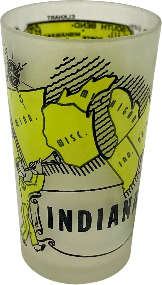 Vintage Indiana Souvenir Drinking Glass Frosted Yellow State Map Kitschy Kitchen Glass