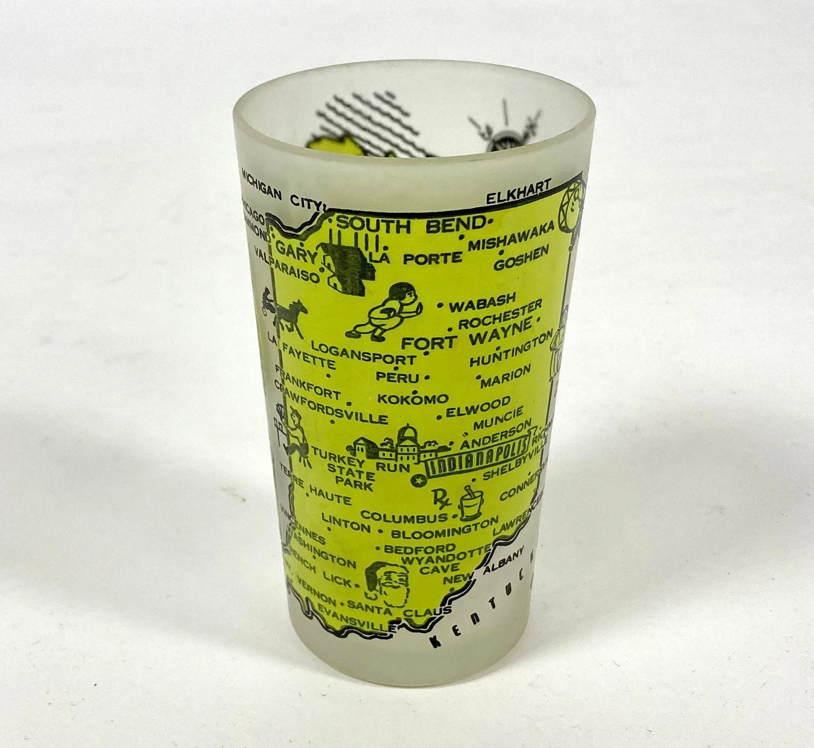 Vintage Indiana Souvenir Drinking Glass Frosted Yellow State Map Kitschy Kitchen Glass - Image 2