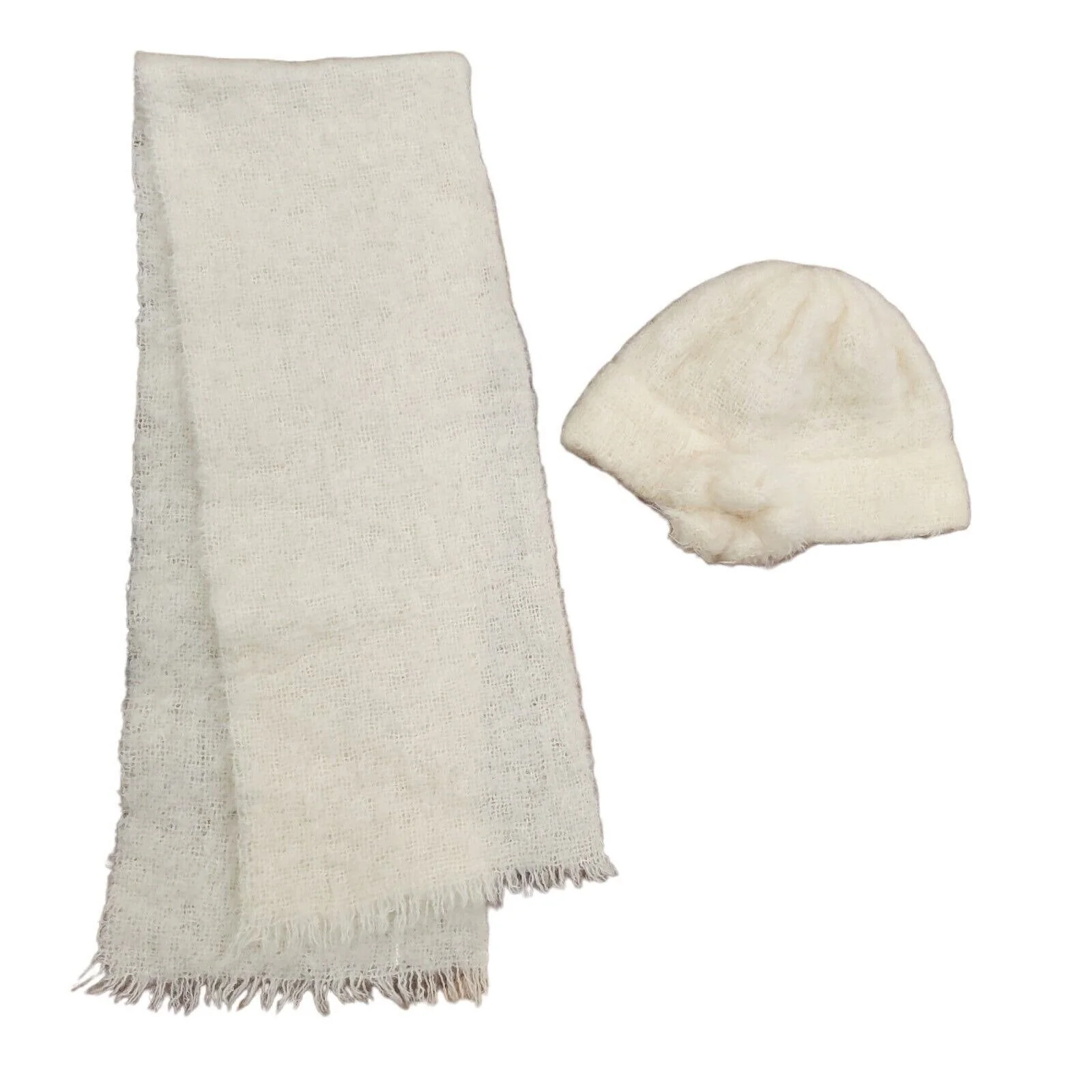 Vintage Ireland Mohair Wool Scarf Hat Set Cream Woven Flower by Donegal Design - Image 2