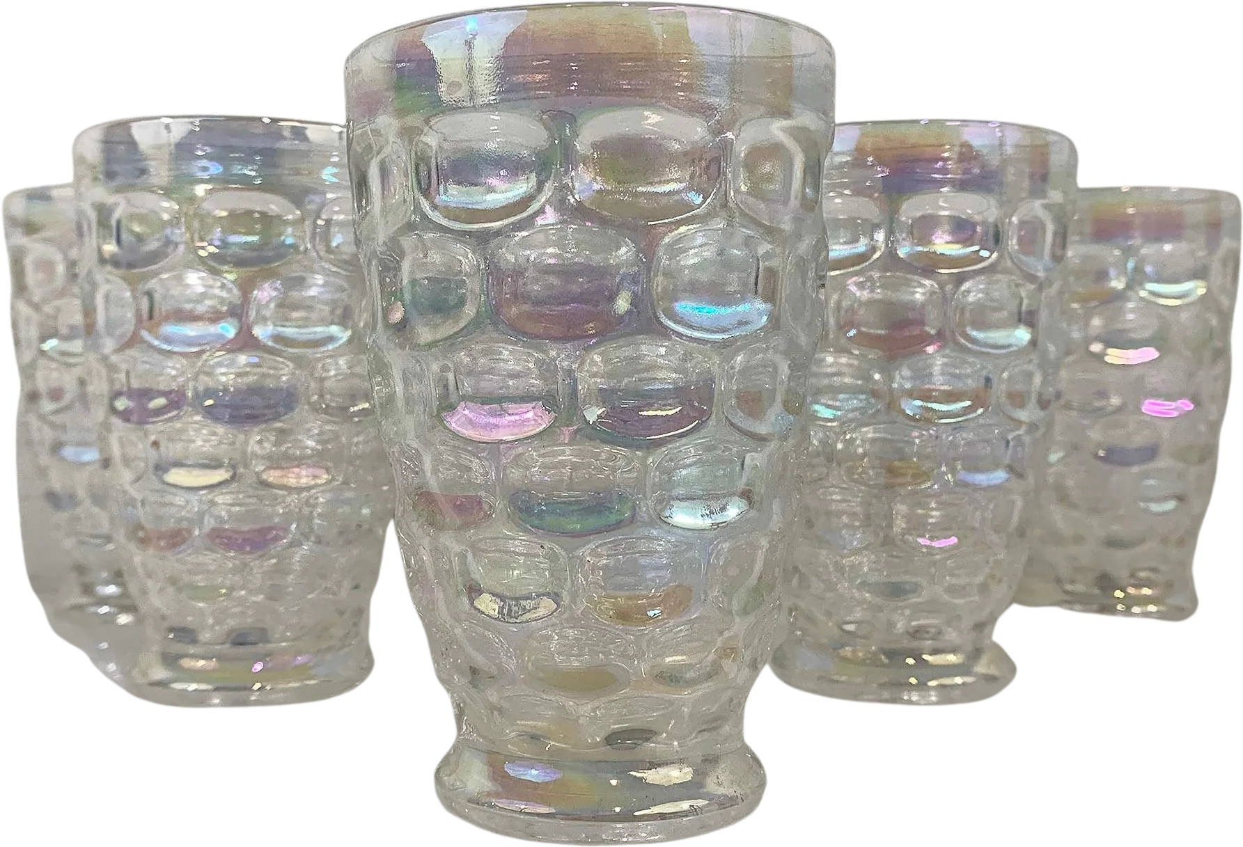 Vintage Iridescent Thumbprint Glassware Federal Glass Yorktown Colonial Tumblers Clear Rainbow Set of 6 Drinking Glasses 60s