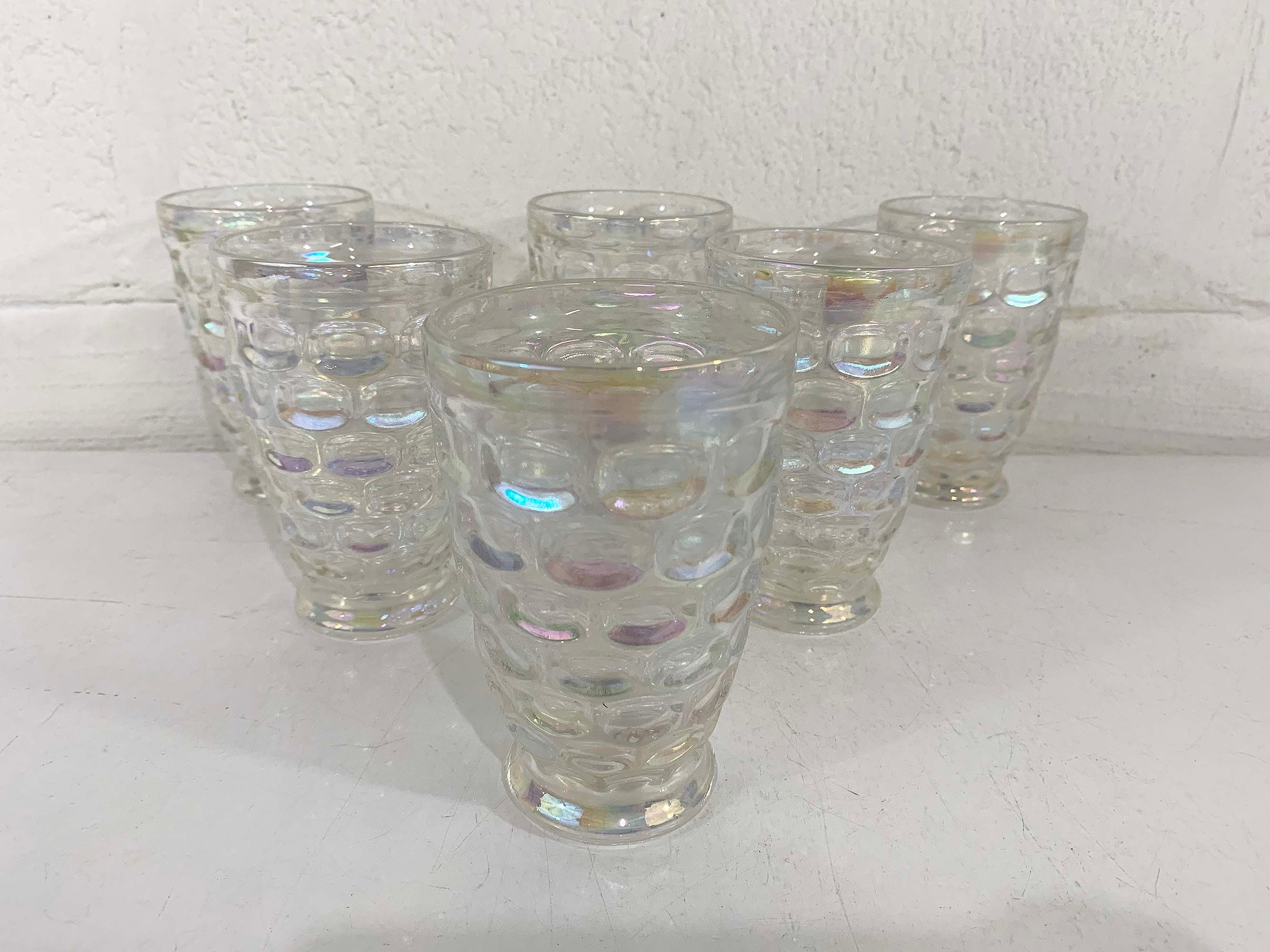 Vintage Iridescent Thumbprint Glassware Federal Glass Yorktown Colonial Tumblers Clear Rainbow Set of 6 Drinking Glasses 60s - Image 3
