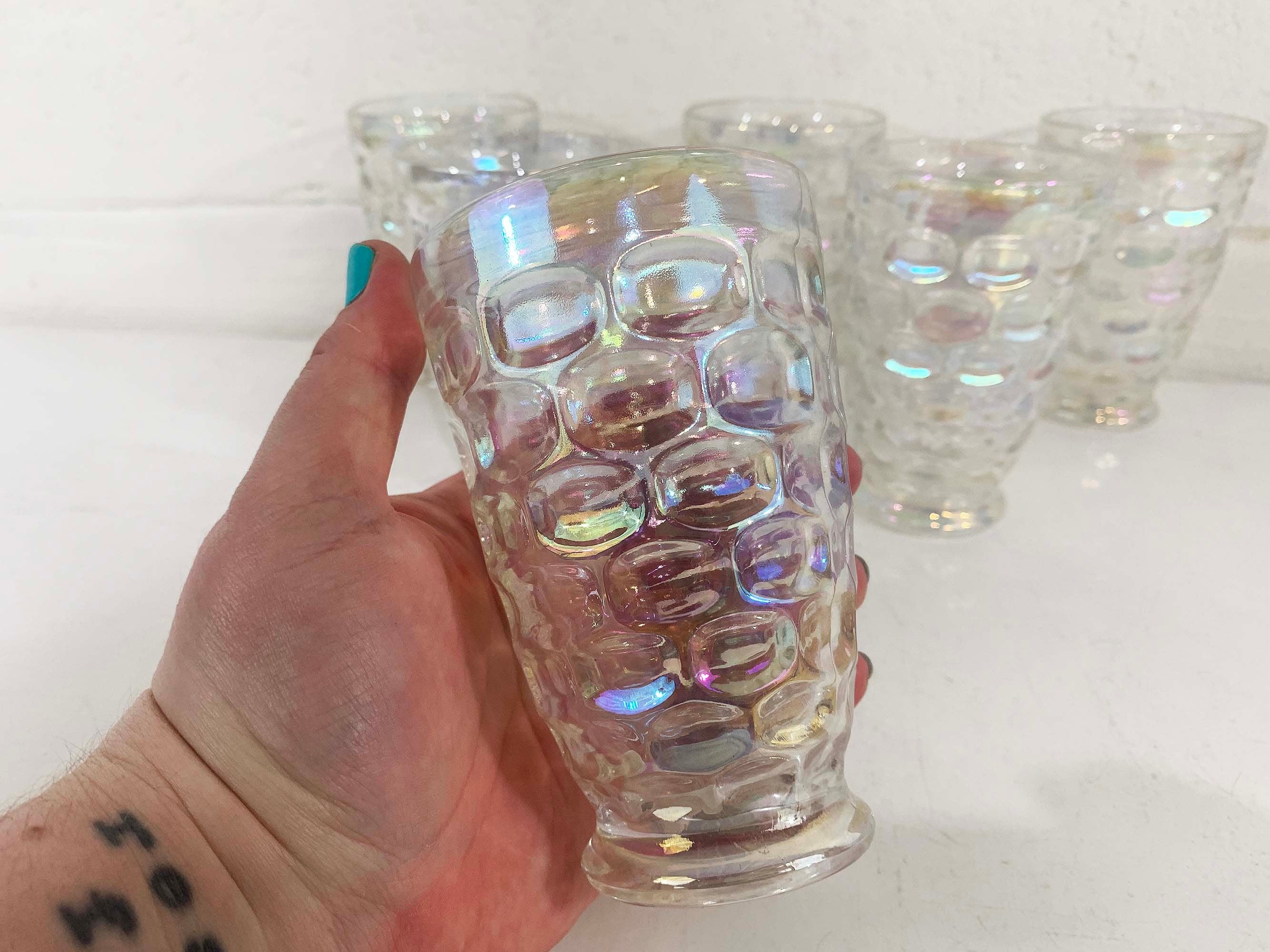 Vintage Iridescent Thumbprint Glassware Federal Glass Yorktown Colonial Tumblers Clear Rainbow Set of 6 Drinking Glasses 60s - Image 4