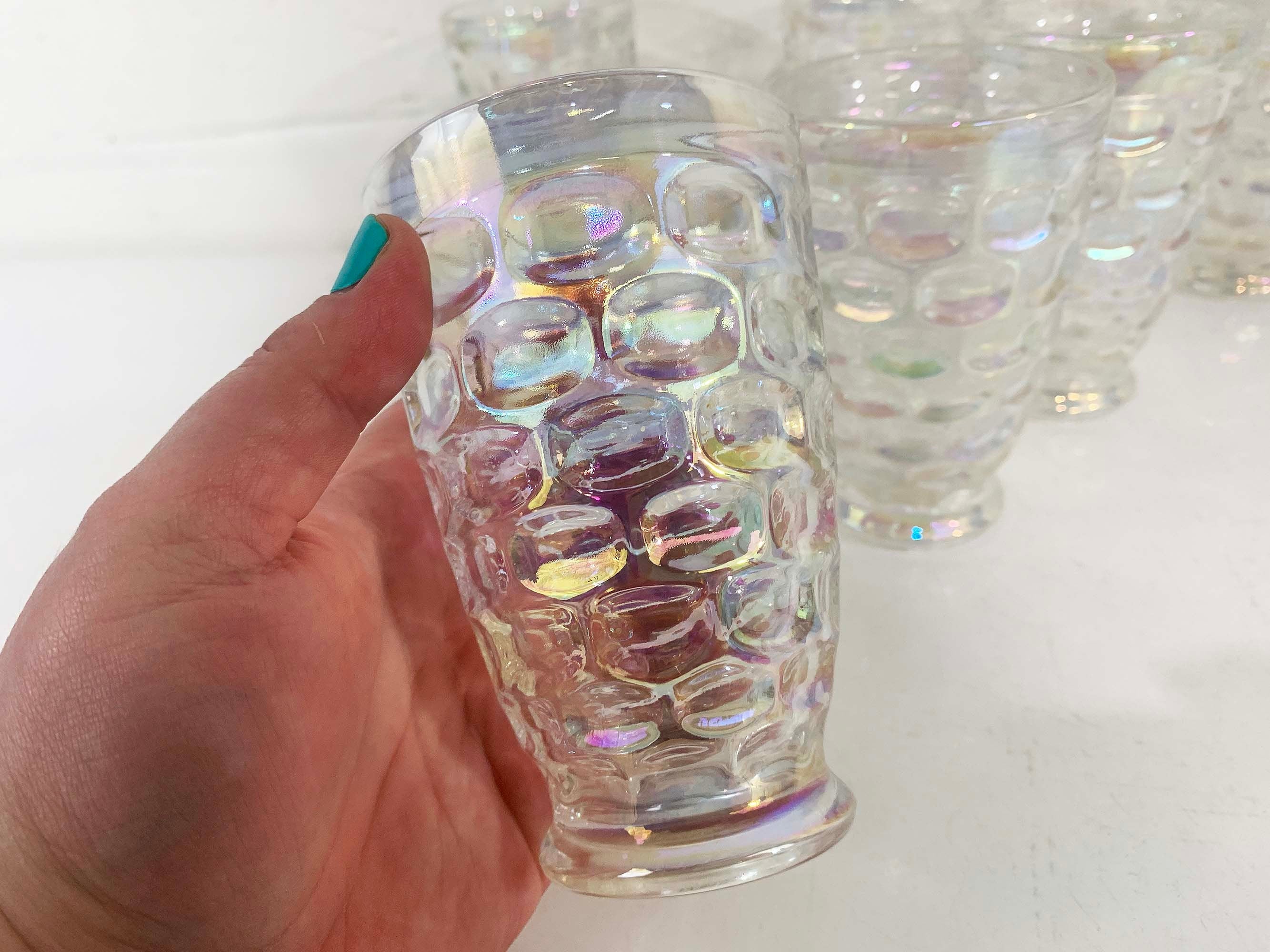Vintage Iridescent Thumbprint Glassware Federal Glass Yorktown Colonial Tumblers Clear Rainbow Set of 6 Drinking Glasses 60s - Image 5