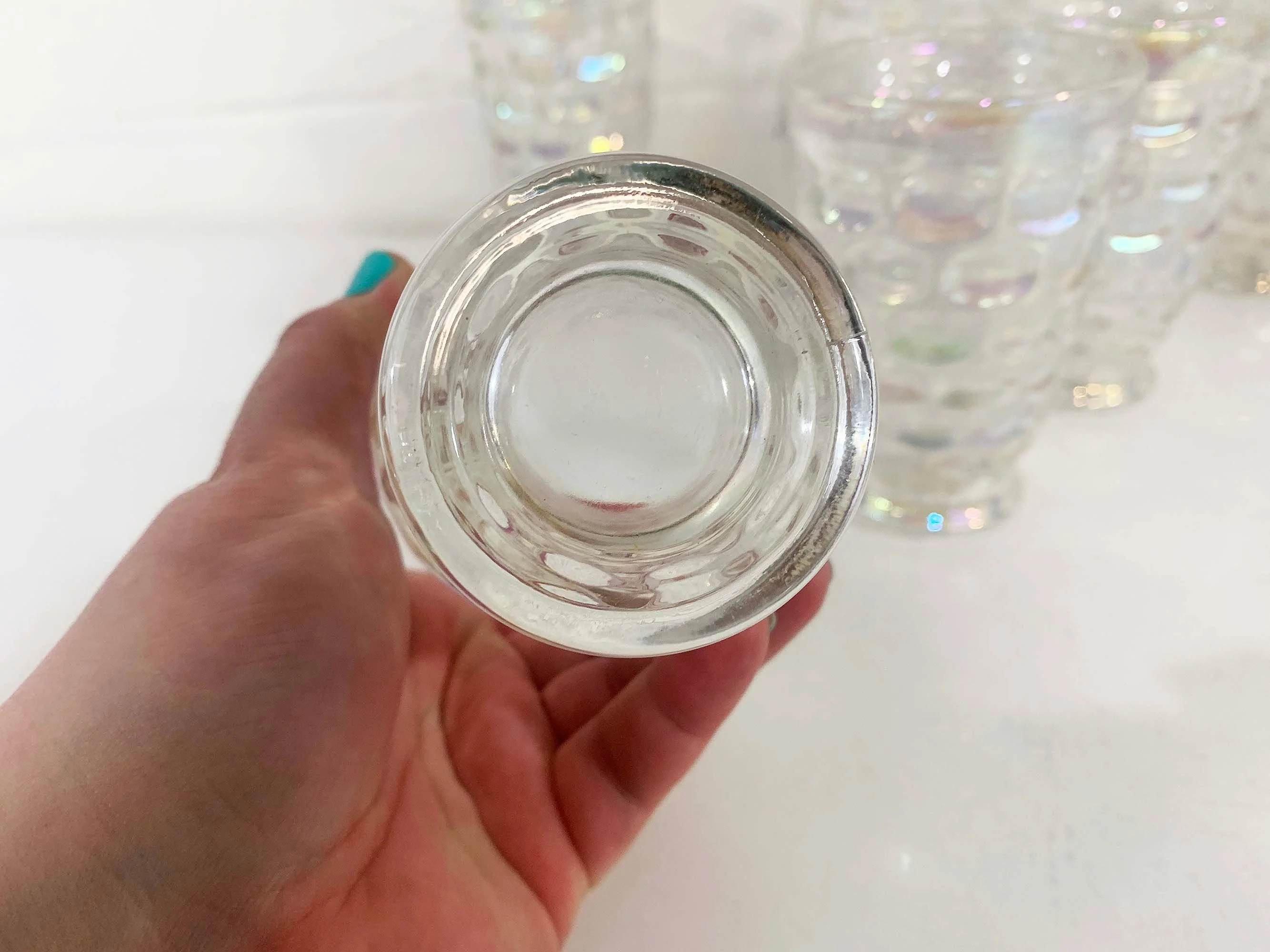 Vintage Iridescent Thumbprint Glassware Federal Glass Yorktown Colonial Tumblers Clear Rainbow Set of 6 Drinking Glasses 60s - Image 6