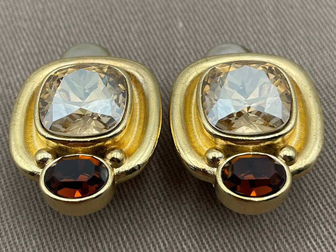 Vintage Italian Clip On Statement Earrings Brilliant Stones Matte Gold Finish - Image 2
