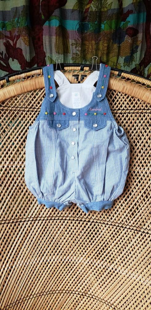 Vintage Jean and Gingham Rosebud Baby Romper - Image 2