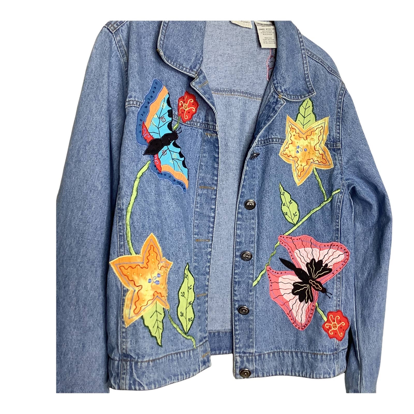 Vintage Jean Jacket 90s Butterfly Butterflies Embroidered Beaded Patches Floral - Image 3