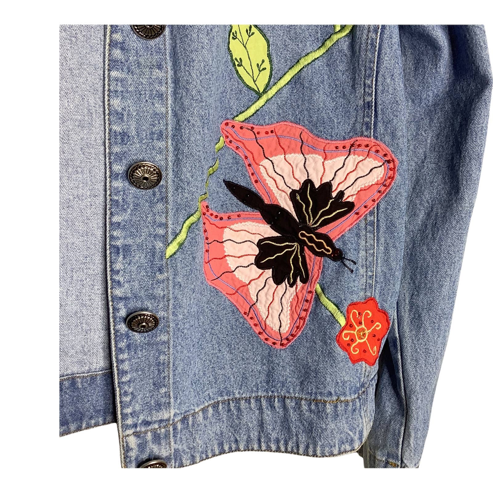 Vintage Jean Jacket 90s Butterfly Butterflies Embroidered Beaded Patches Floral - Image 4