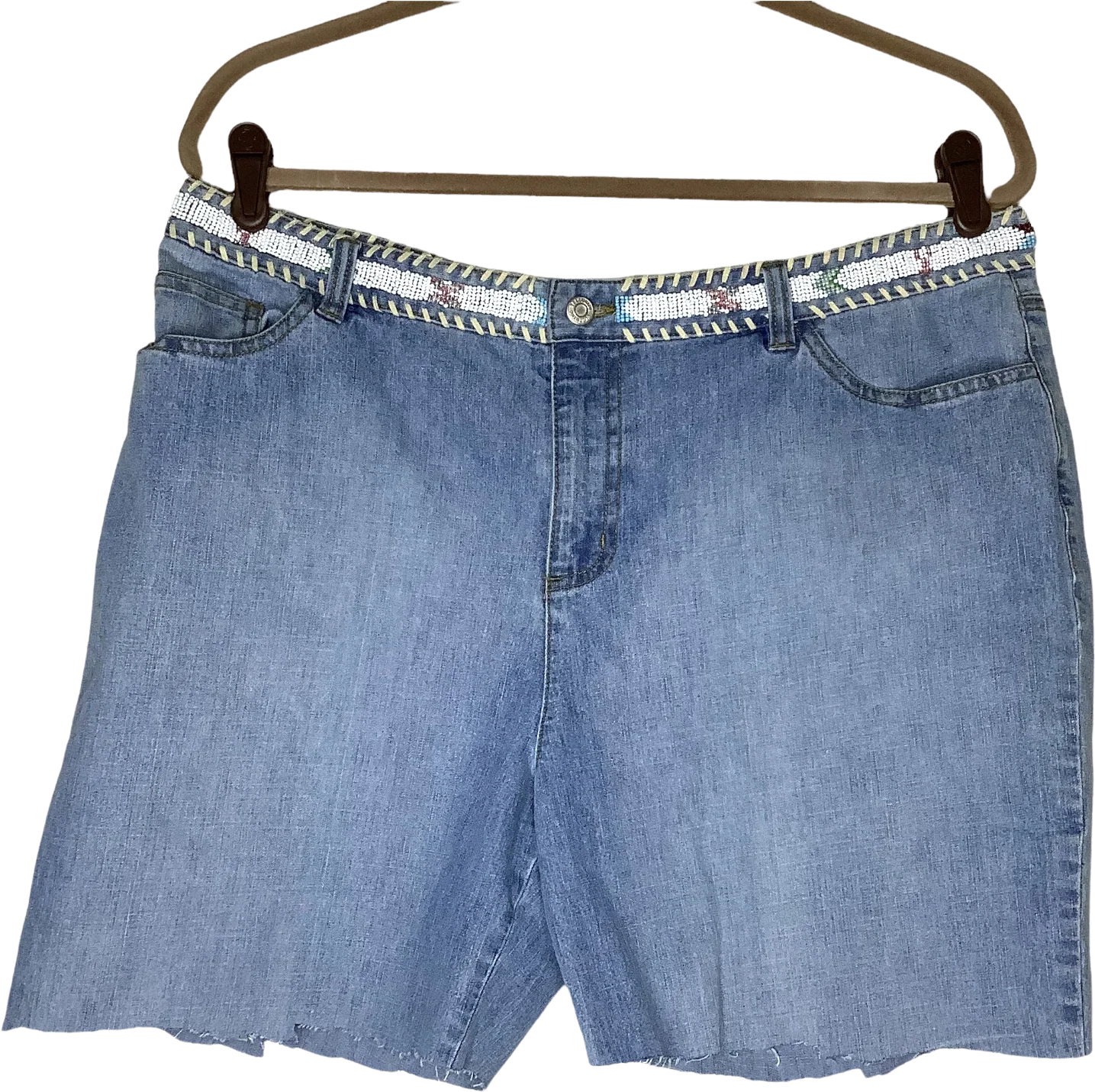 Vintage Jean Shorts 90s 00s Cut Off Uneven Raw Hem Beaded Leather Trim Southwest