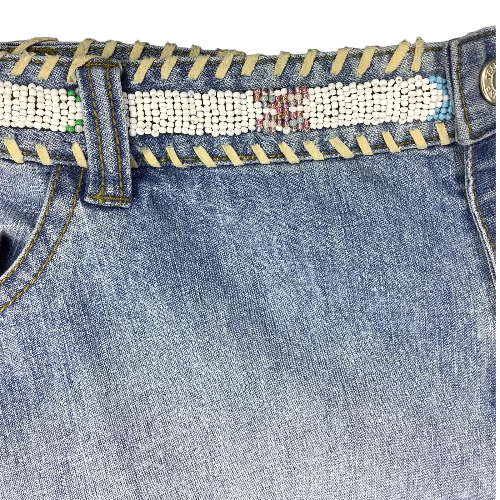 Vintage Jean Shorts 90s 00s Cut Off Uneven Raw Hem Beaded Leather Trim Southwest - Image 5