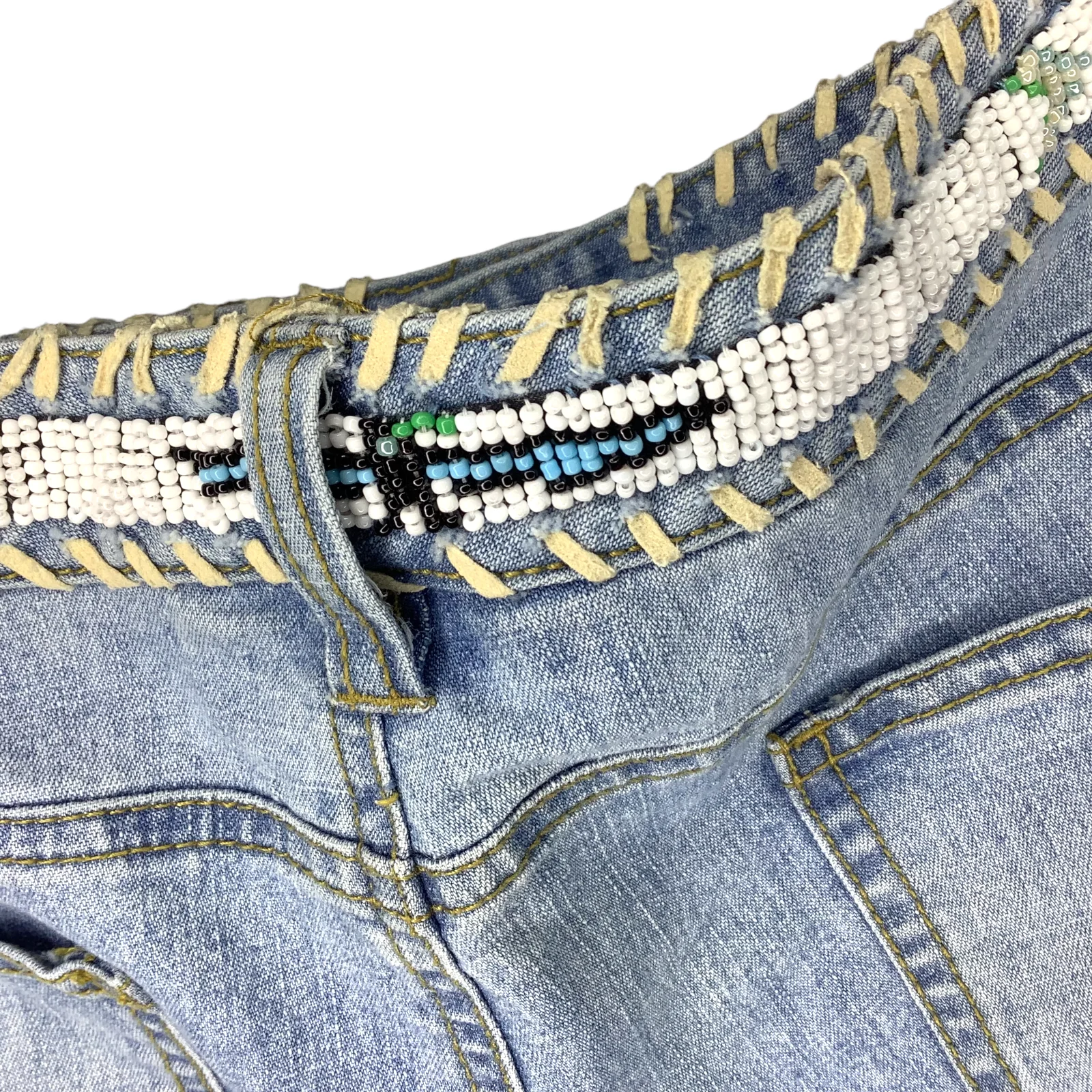 Vintage Jean Shorts 90s 00s Cut Off Uneven Raw Hem Beaded Leather Trim Southwest - Image 8