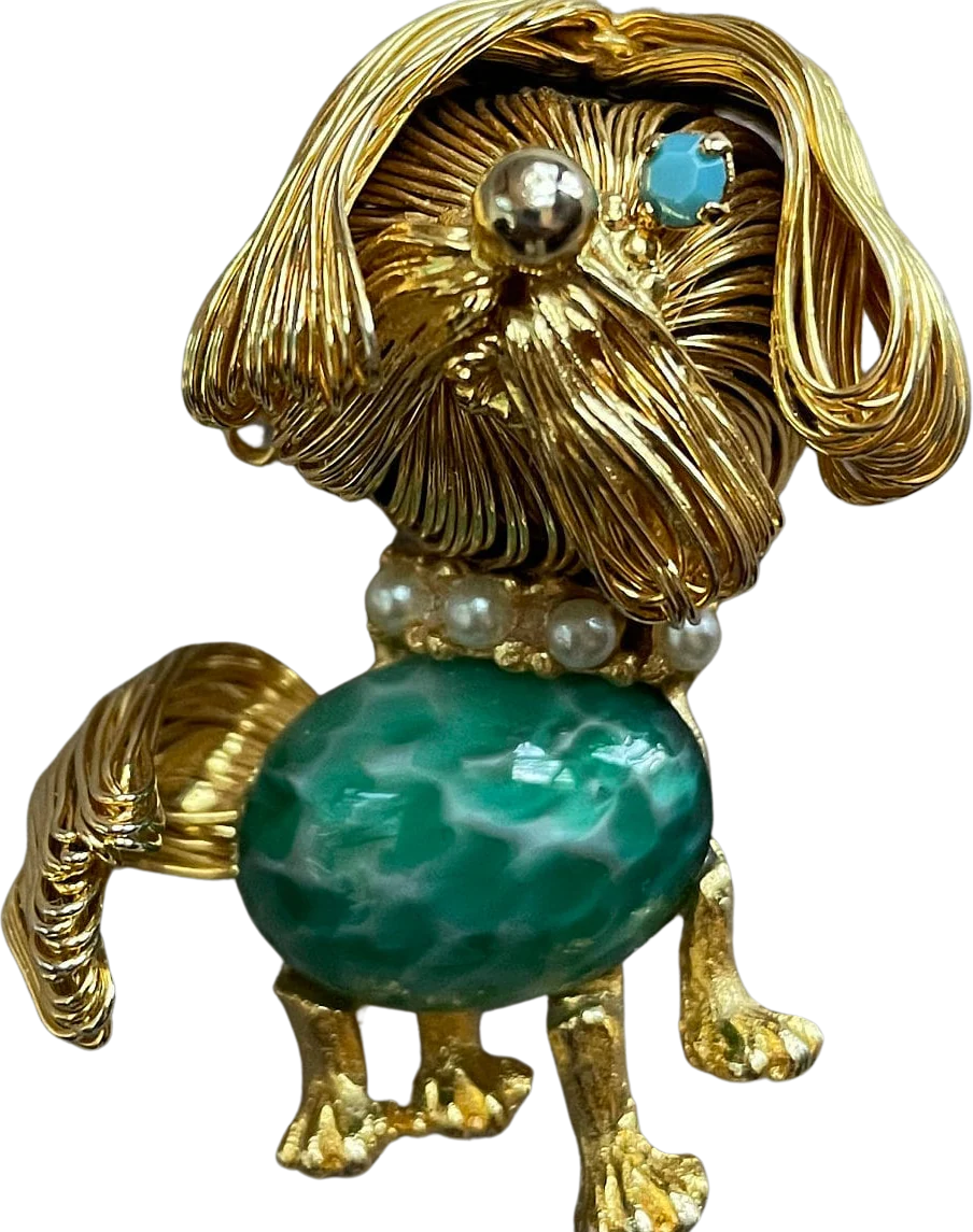 Vintage Jelly Belly Jade Dog Motif Brooch Pin Vintage Ornate Brooch Winking Dog Gold Tone