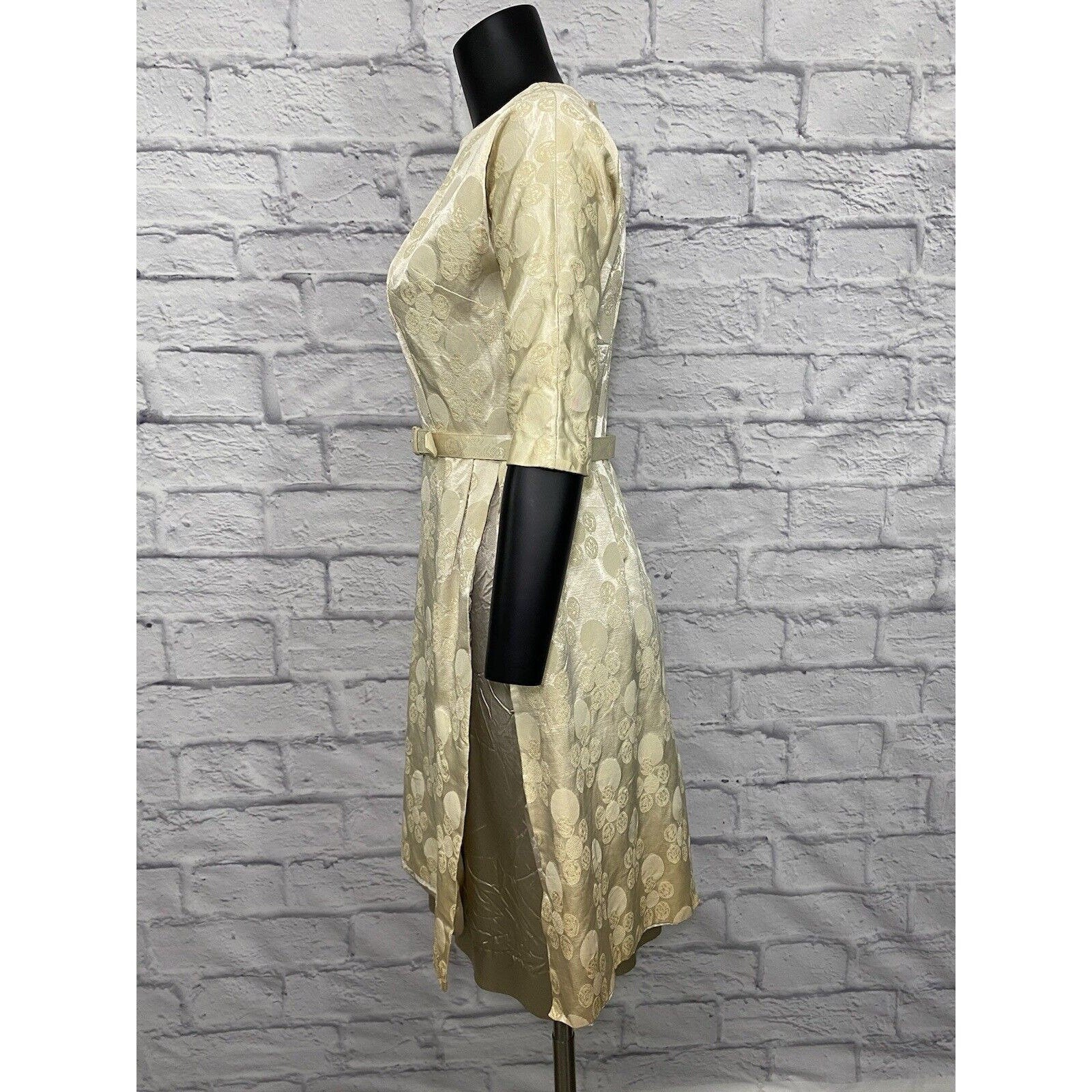 Vintage Knee Length Sheath Dress 60s Belted Champagne Shimmer - Image 4
