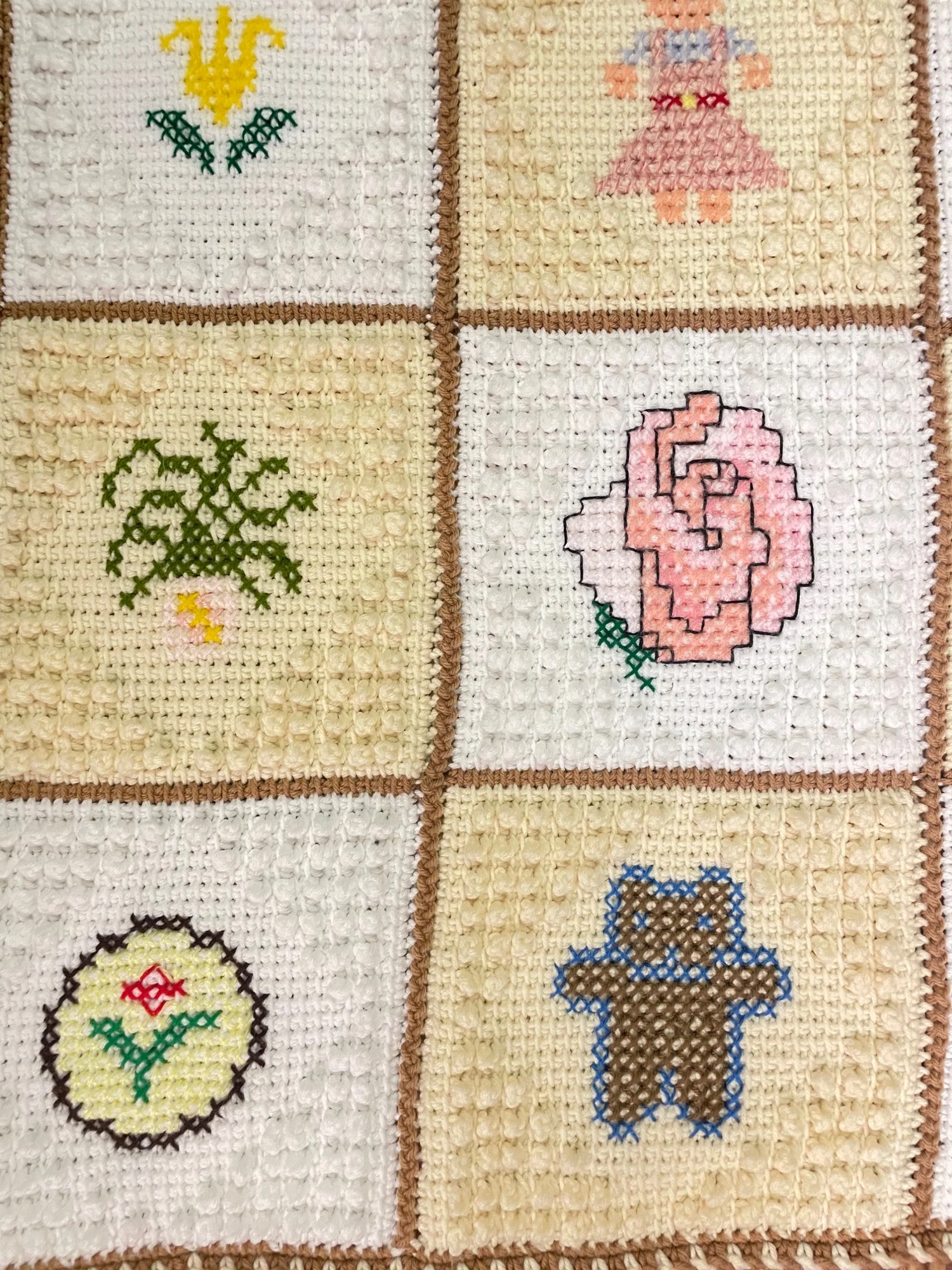 Vintage Knit Crochet Embroidered Granny Blanket Knitted Knots Handmade - Image 3