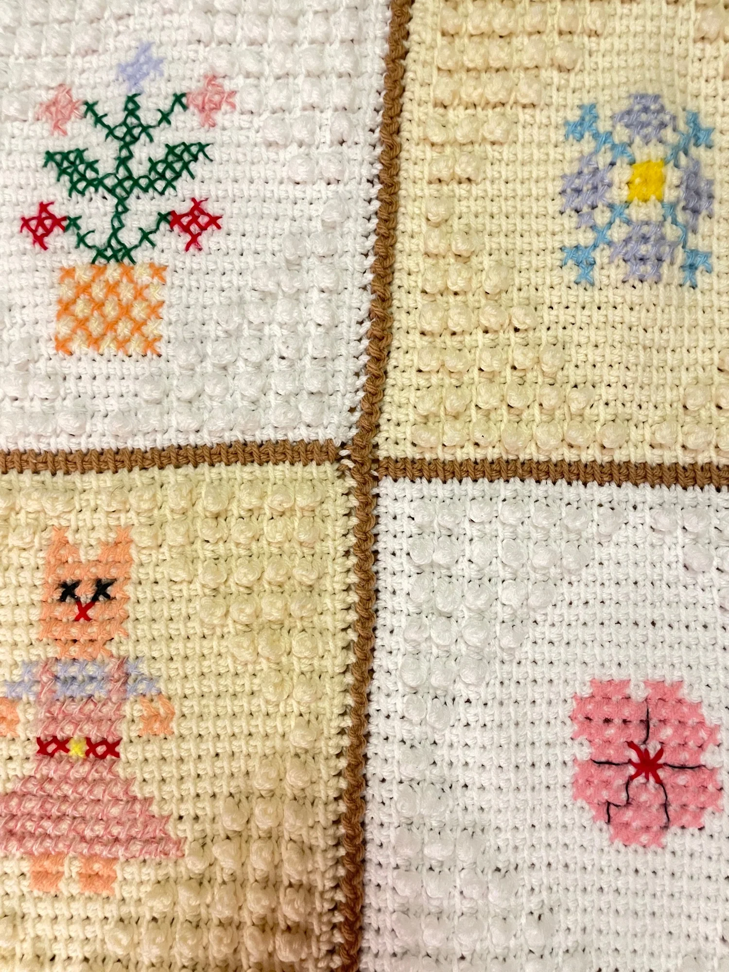 Vintage Knit Crochet Embroidered Granny Blanket Knitted Knots Handmade - Image 5