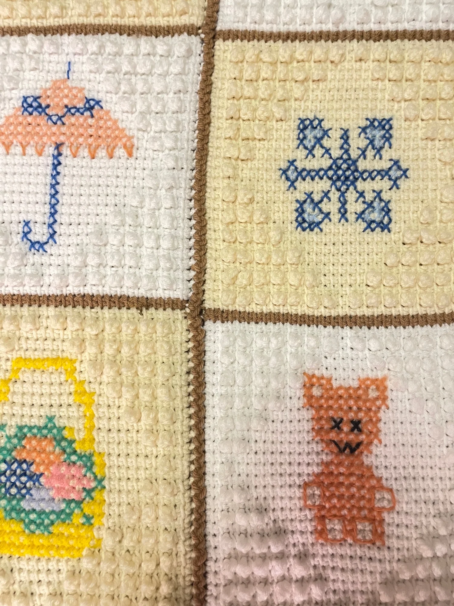 Vintage Knit Crochet Embroidered Granny Blanket Knitted Knots Handmade - Image 9