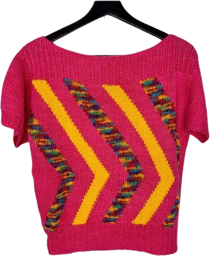 Vintage Knit Short Sleeve Wide Neck Geometric Pattern Top Large