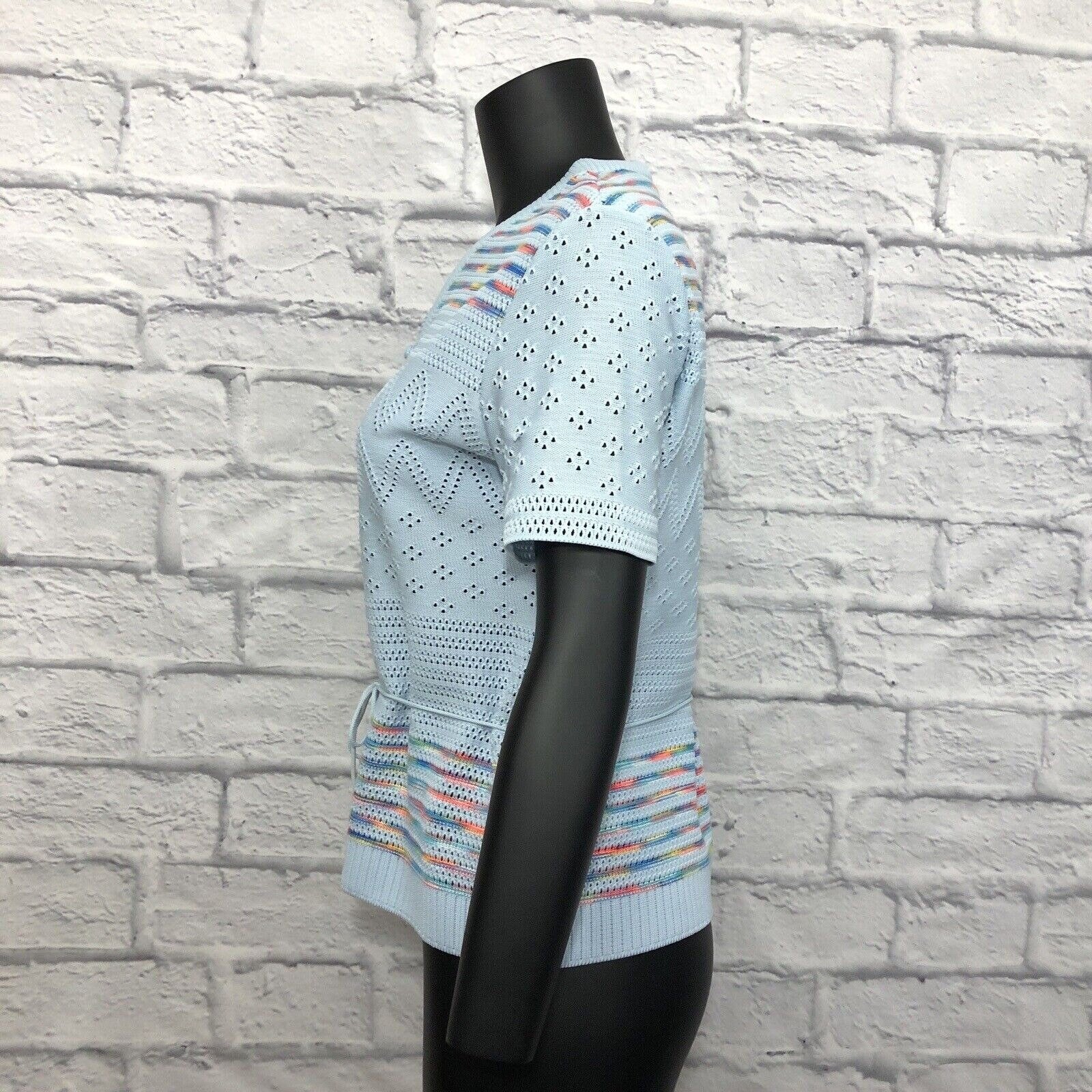 Vintage Knit V-Neck Striped Top 70s Eyelet Crochet Rainbow Belted Shirt L - Image 4