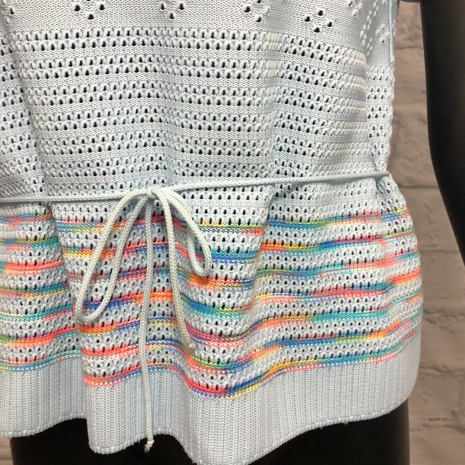 Vintage Knit V-Neck Striped Top 70s Eyelet Crochet Rainbow Belted Shirt L - Image 5