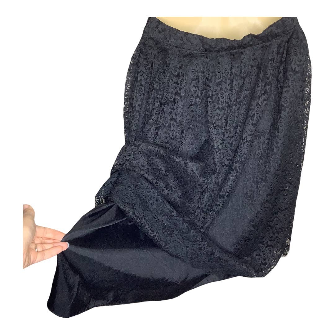 Vintage Lace Skirt Xs Black 80s A-Line Floral Knee Length Western Prairie Goth by Montgomery Ward - Image 6