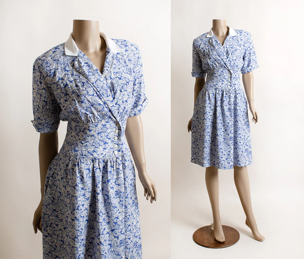 Vintage Lanz Blue and White Novelty Print House Home Cabin Floral Leaf Print 80s Dress by Lanz - Image 2