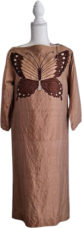 60s/70s Vintage Rare Raw Silk Butterfly Tunic Kaftan Dress