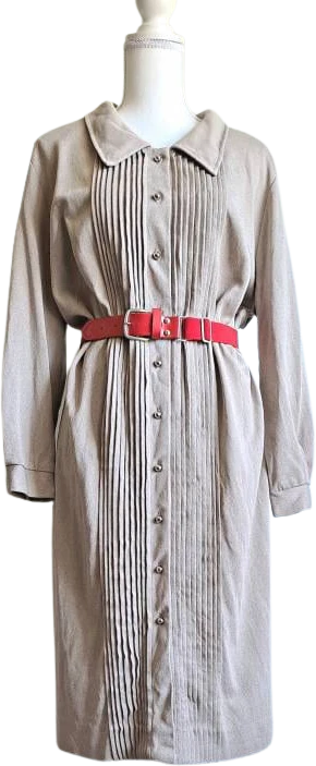 60s Vintage Long Sleeve Pleated Taupe Brown Dress