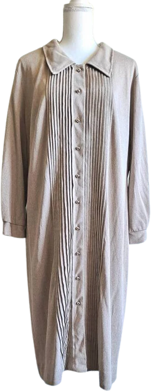 60s Vintage Long Sleeve Pleated Taupe Brown Dress - Image 4